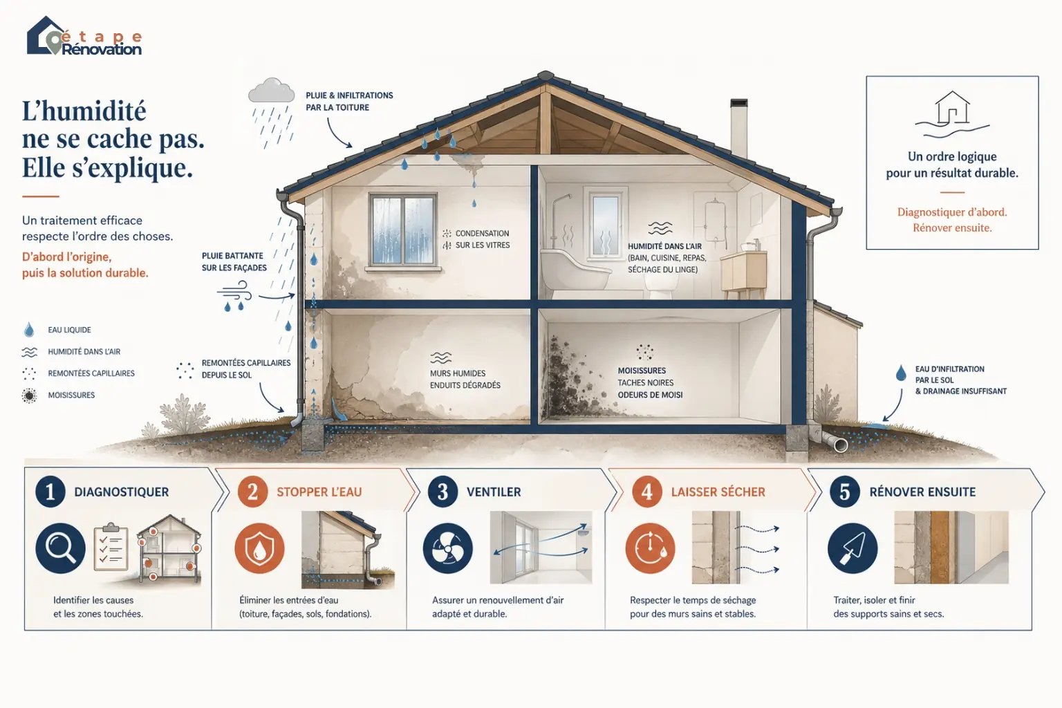 Schéma éditorial montrant la logique de rénovation d’une maison humide : identifier la cause, stopper l’eau, rétablir la ventilation, laisser sécher puis reprendre les parois et les finitions