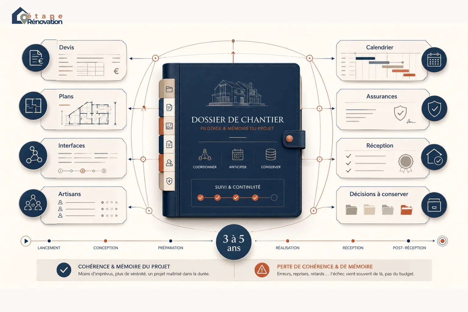 Infographie montrant un dossier central de chantier relié aux devis, plans, interfaces, assurances, calendrier et réception pour conserver la mémoire du projet