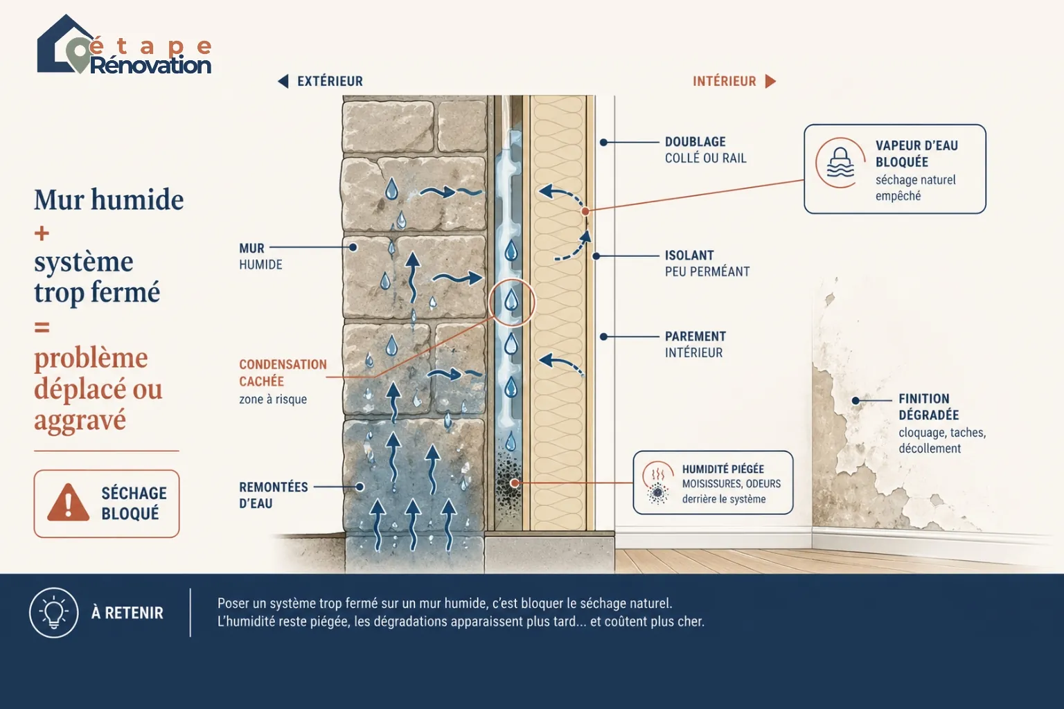 Coupe pédagogique montrant un mur humide recouvert trop tôt par un doublage ou un revêtement fermé, avec humidité piégée, condensation cachée et dégradation des finitions