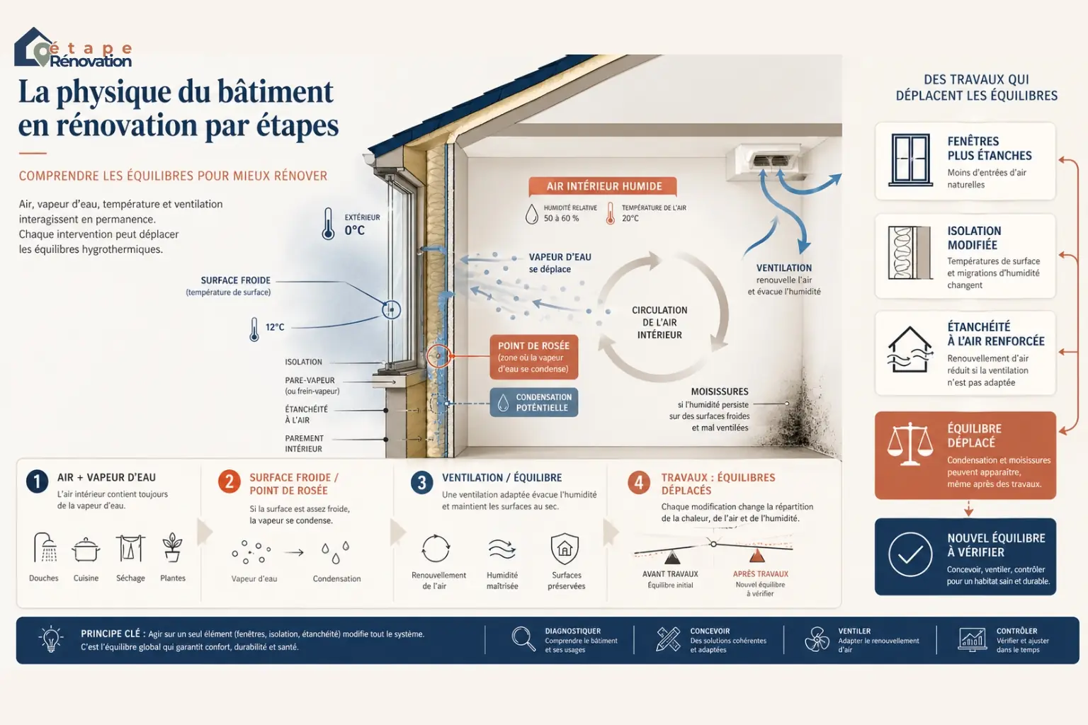 Schéma pédagogique sur la physique du bâtiment montrant l’air, la vapeur d’eau, le point de rosée et les effets du phasage des travaux sur une maison