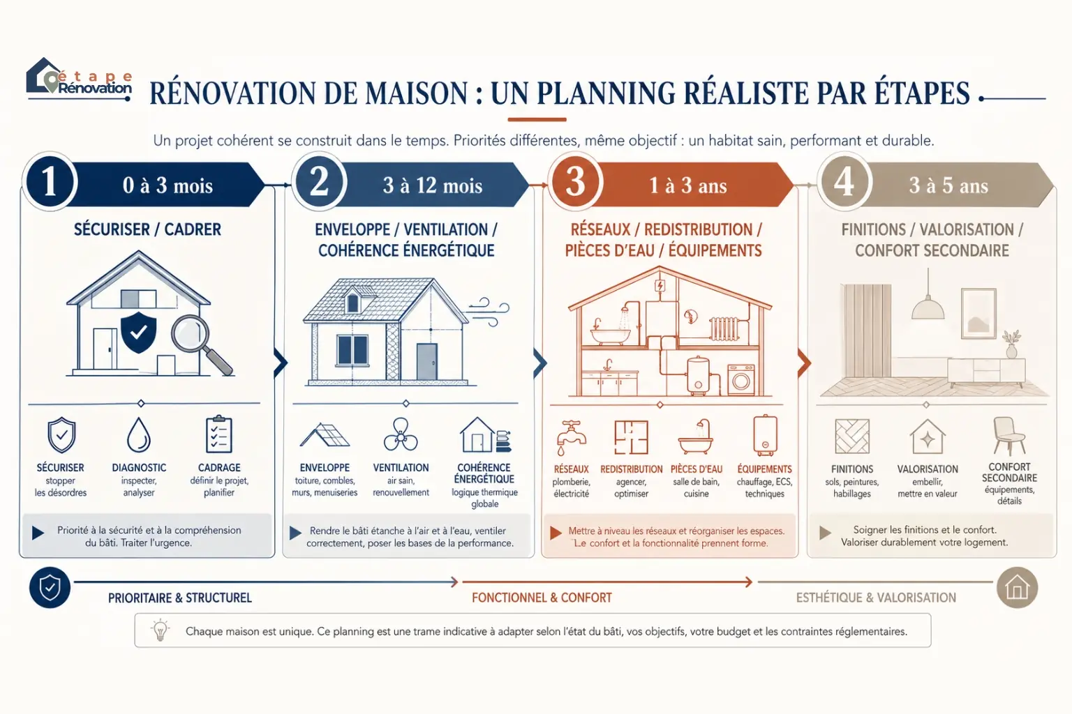 Frise chronologique montrant les grandes phases d’une rénovation de maison sur 3 mois, 1 an, 3 ans et 5 ans