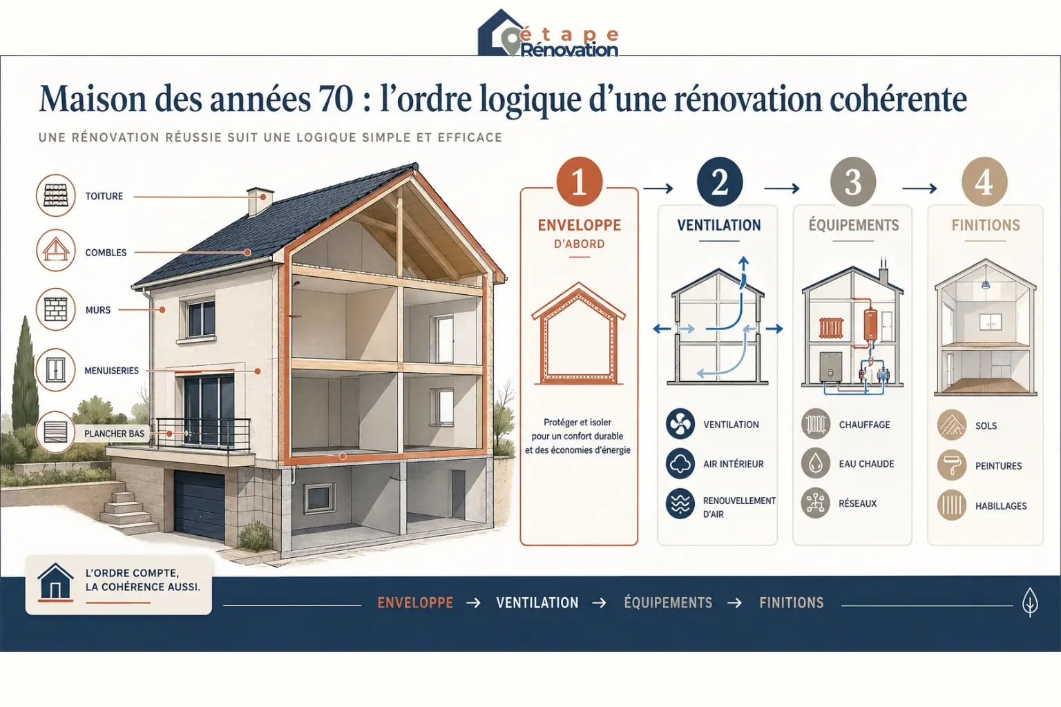 Schéma montrant la logique de rénovation d’une maison des années 70 : enveloppe, ventilation, chauffage, finitions