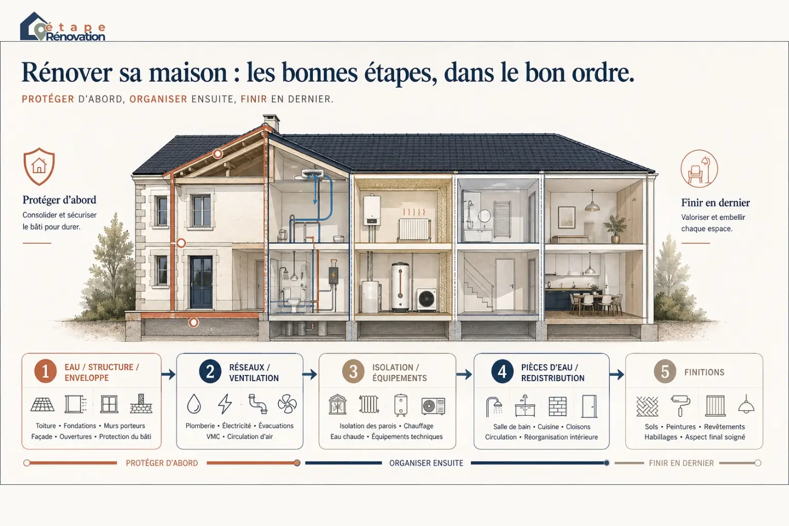 Schéma éditorial montrant l’ordre logique d’une rénovation de maison par étapes : enveloppe, réseaux, isolation, équipements, pièces d’eau puis finitions