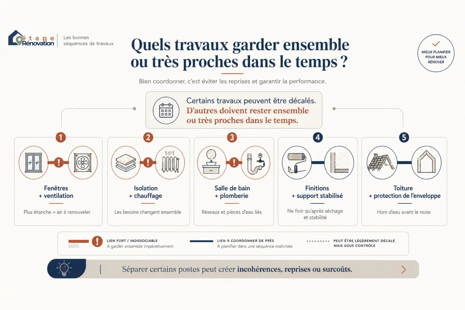 Infographie montrant les travaux à ne pas dissocier comme fenêtres et ventilation, isolation et chauffage, salle de bain et plomberie