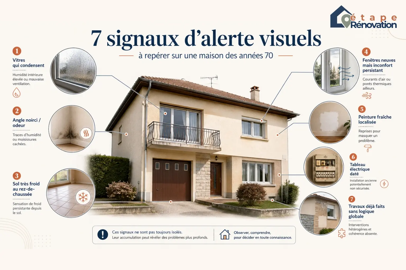 Infographie montrant les principaux signaux d’alerte avant achat d’une maison des années 70 : buée, angle noirci, sol froid, peinture fraîche, fenêtres neuves, inconfort, tableau électrique daté