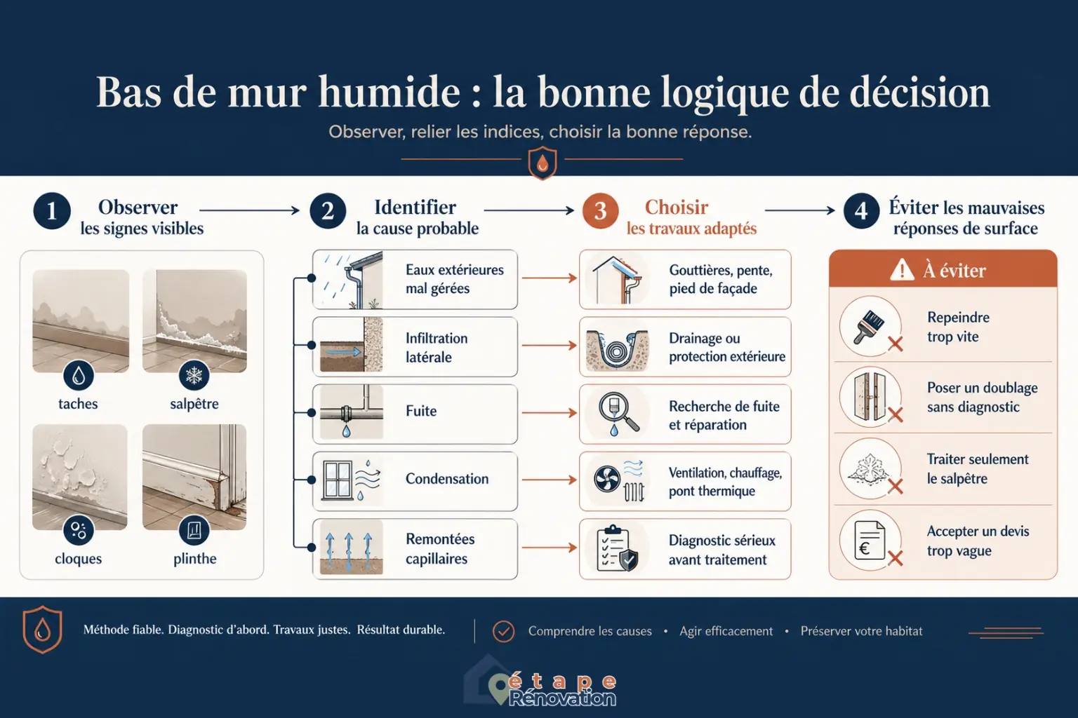 Infographie sur les travaux à envisager selon la cause d’un bas de mur humide et les erreurs à éviter avant de signer un devis