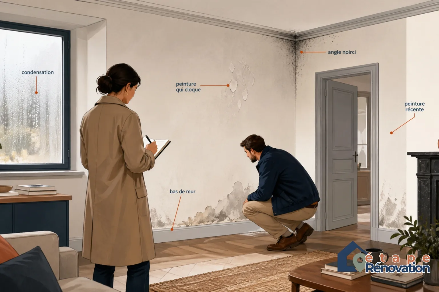 Acheteur observant les traces d’humidité sur un mur avant l’achat d’une maison