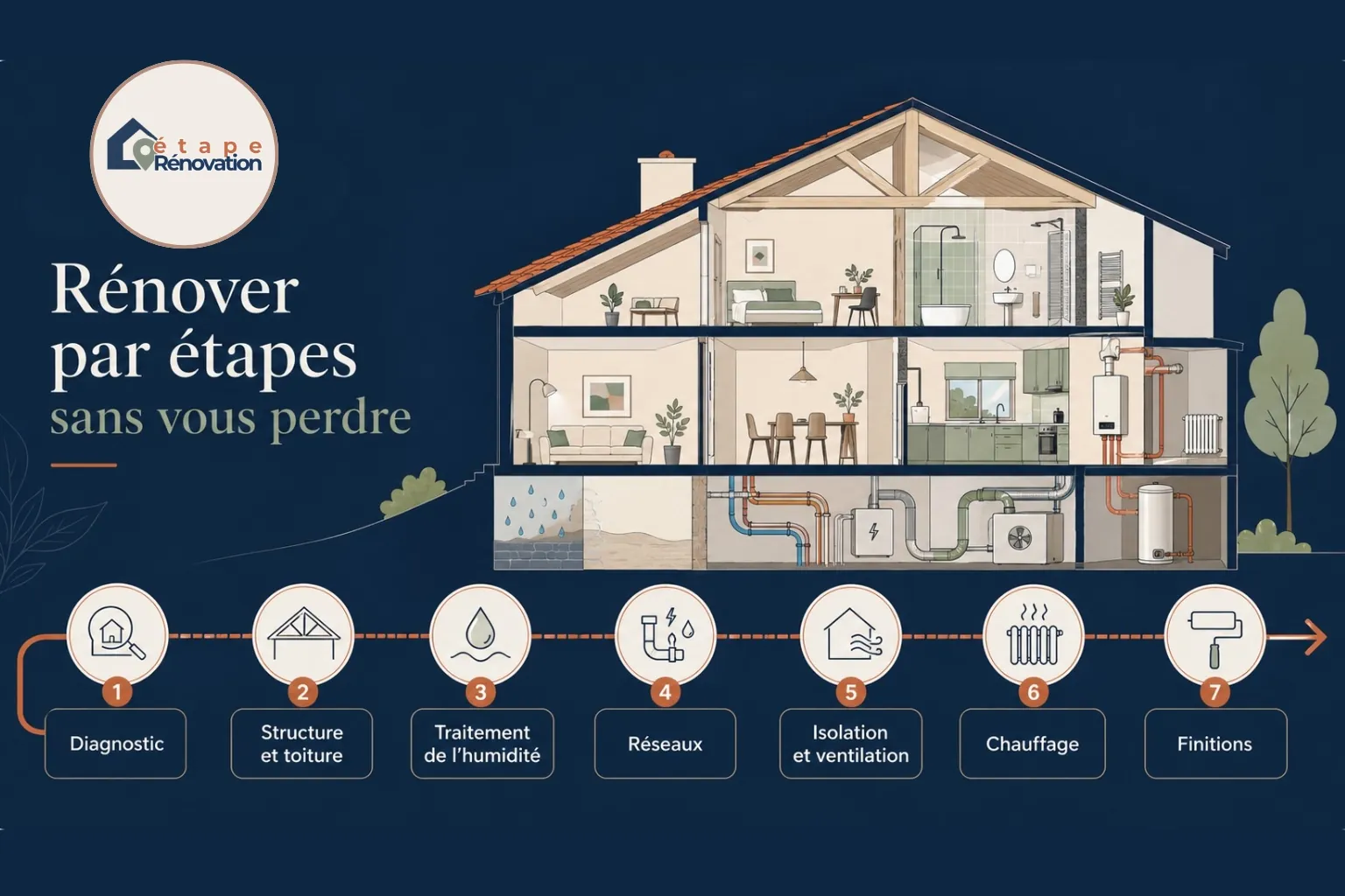 Maison en coupe montrant les grandes étapes d’une rénovation bien planifiée