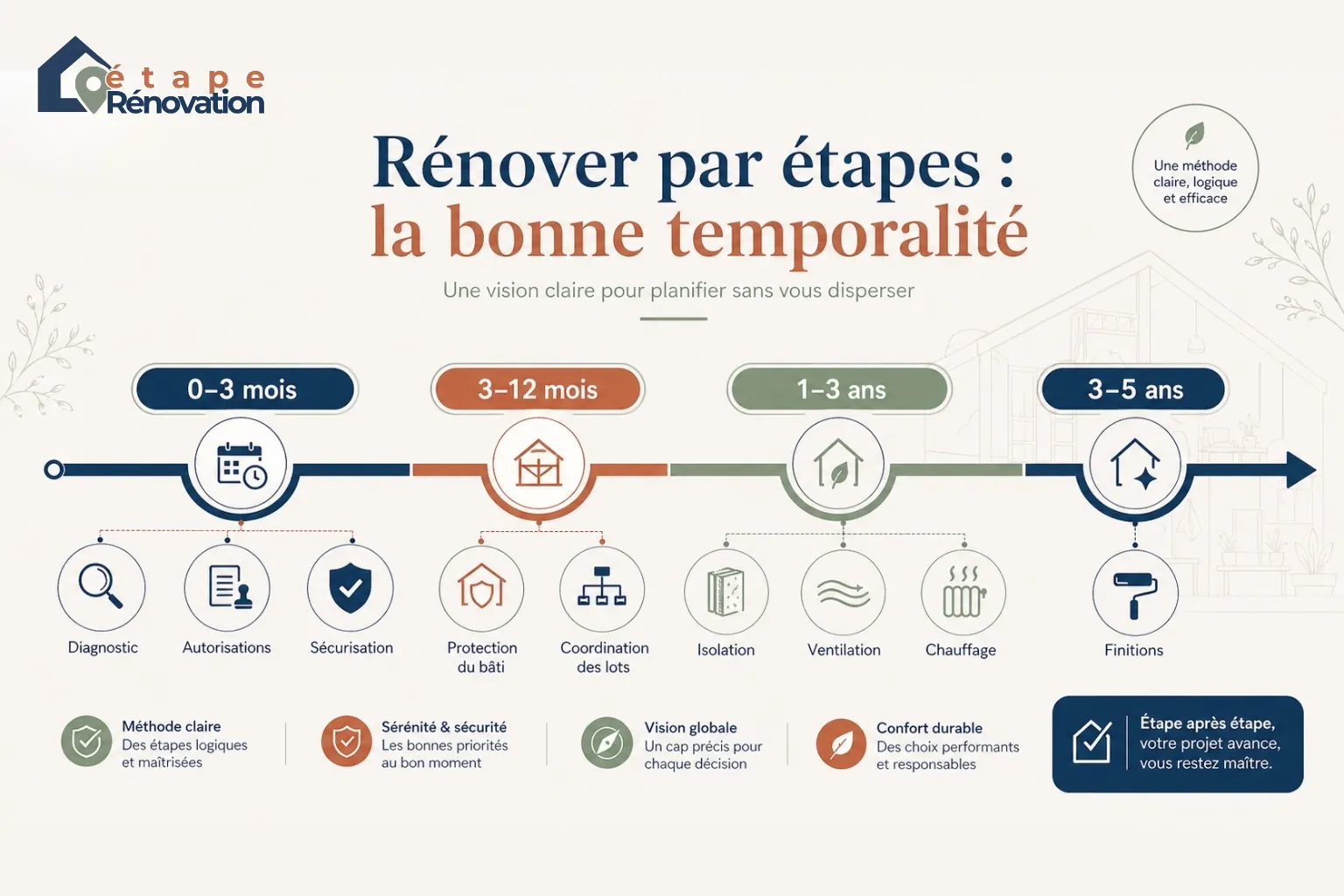 Frise montrant les horizons de rénovation sur 3 mois, 1 an, 3 ans et 5 ans