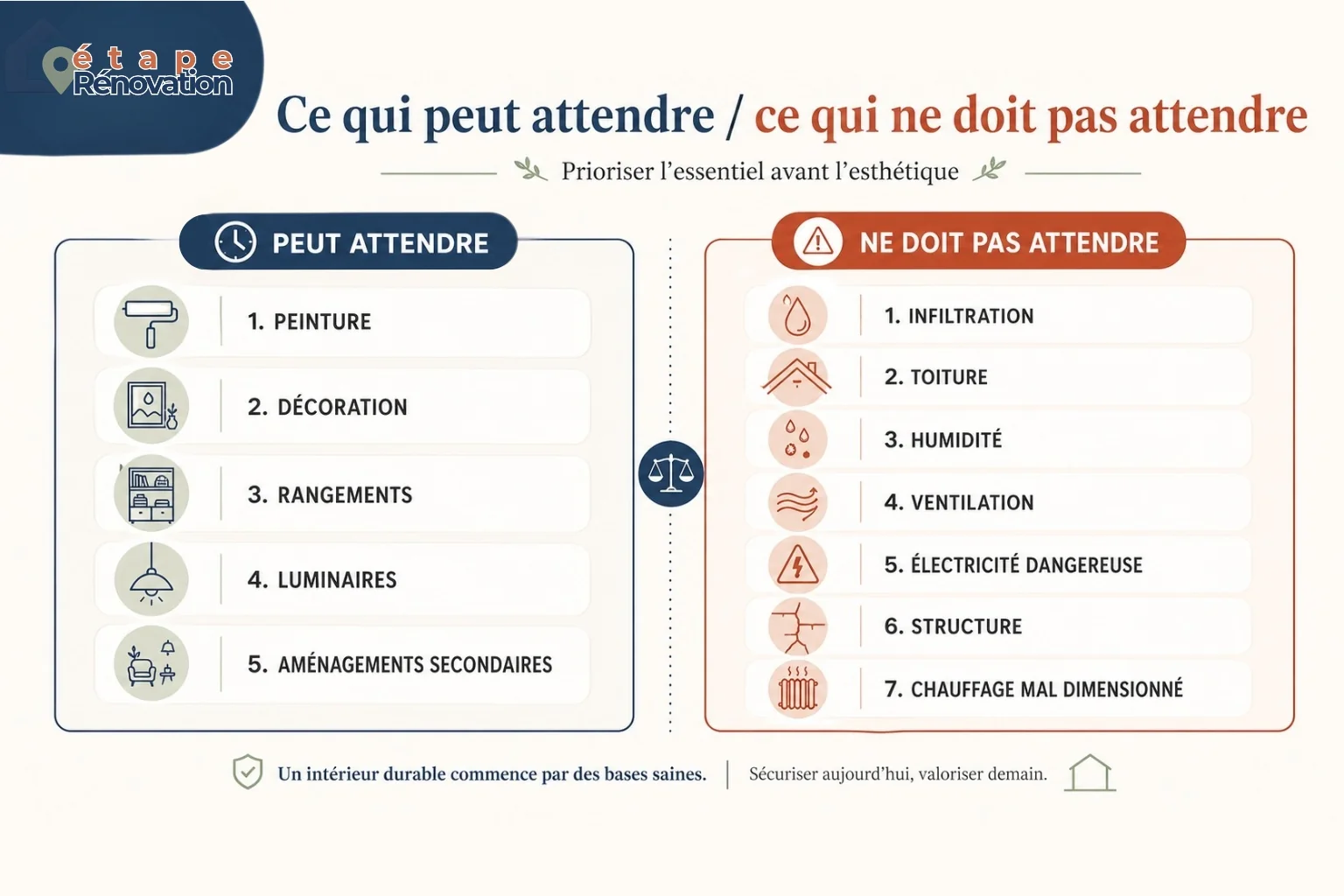 Comparatif entre les travaux qui peuvent attendre et ceux qui ne doivent pas attendre