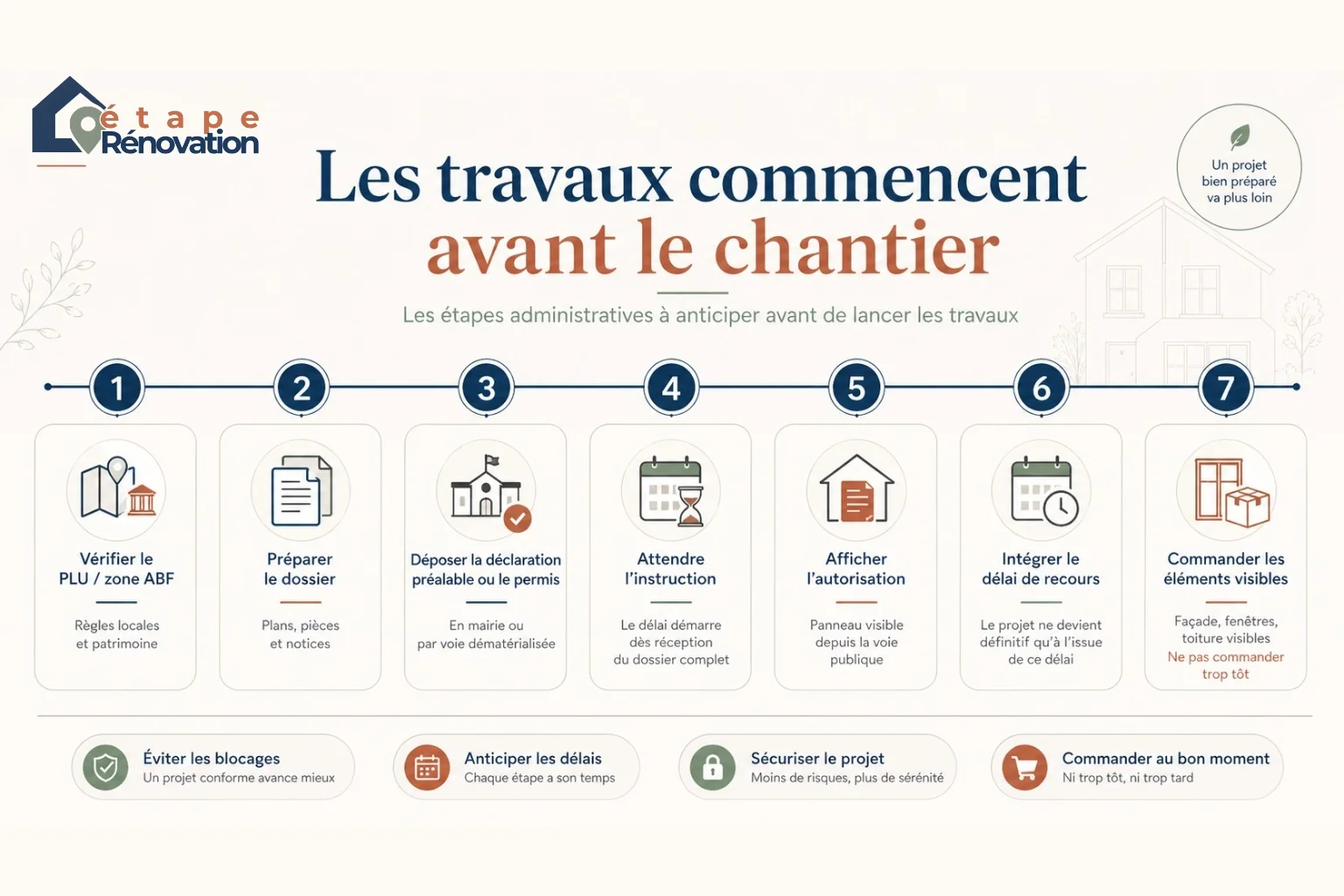 Frise administrative montrant les étapes avant de commencer certains travaux de rénovation