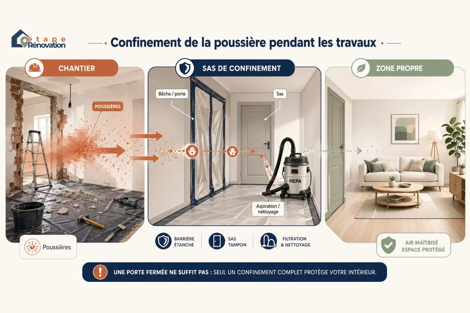 Schéma de confinement montrant la poussière qui part du chantier, passe par un sas puis est bloquée avant la zone propre