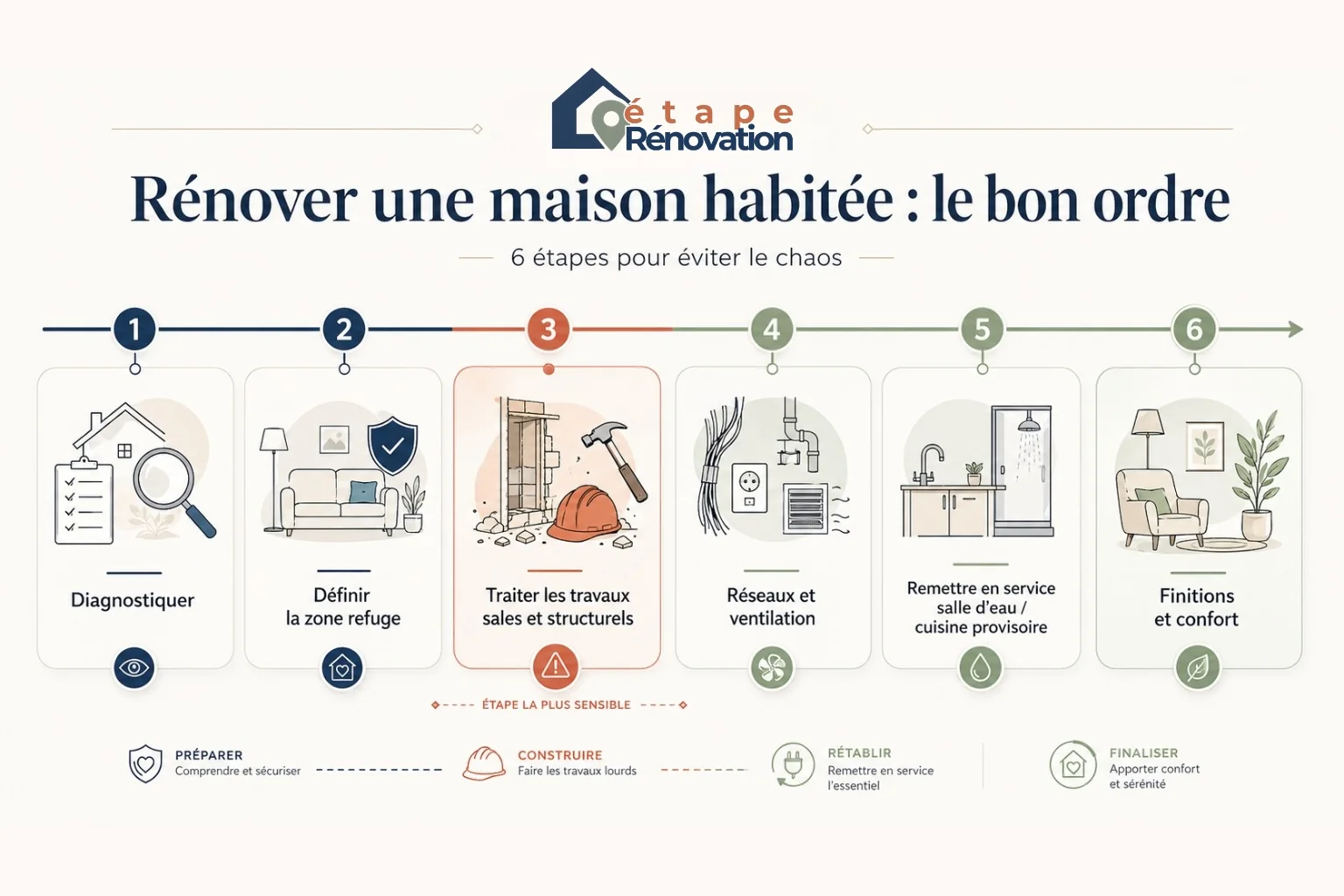 Frise chronologique des grandes étapes pour rénover une maison en vivant dedans