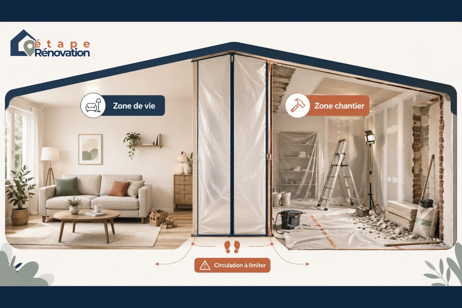 Maison habitée pendant les travaux avec une zone de vie protégée séparée d’une zone chantier poussiéreuse
