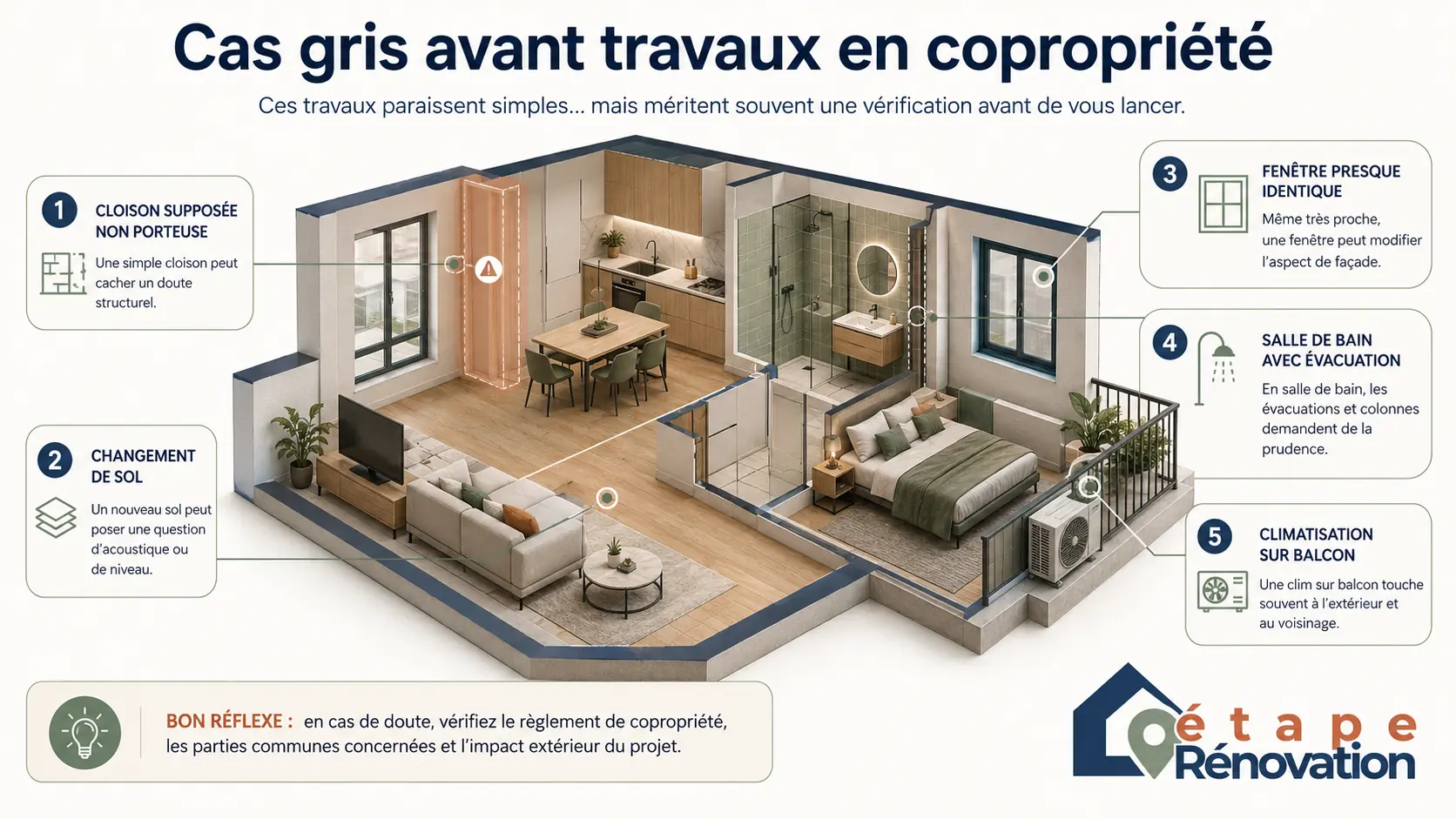 Illustration des cas gris avant travaux en copropriété : cloison, sol, fenêtre, salle de bain et climatisation