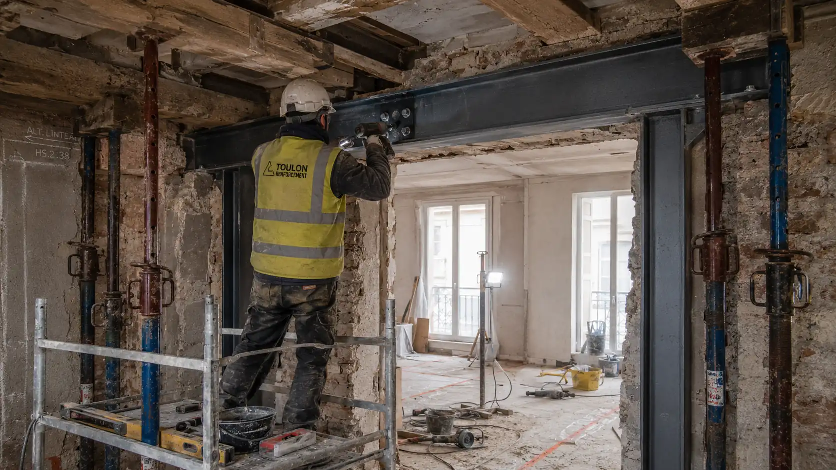Pose d’un renfort métallique après ouverture d’un mur porteur