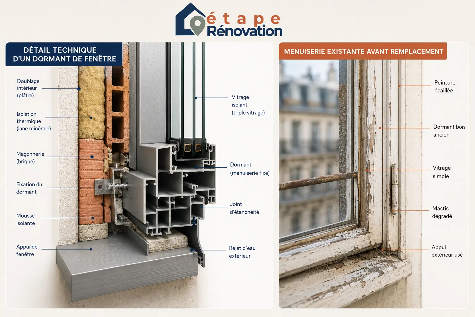 Détail technique d’un dormant de fenêtre et d’une menuiserie avant remplacement
