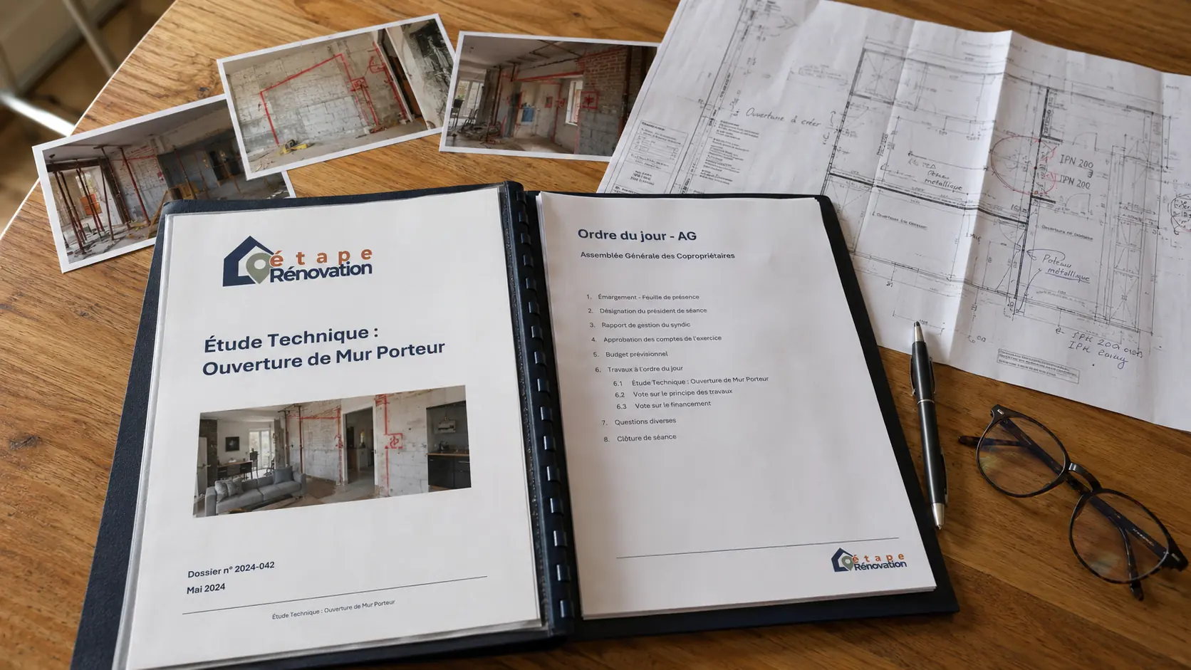 Dossier préparé pour une assemblée générale avec plans, étude structure et photos d’un mur porteur