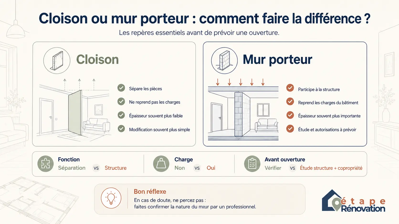 Schéma montrant la différence entre une cloison et un mur porteur