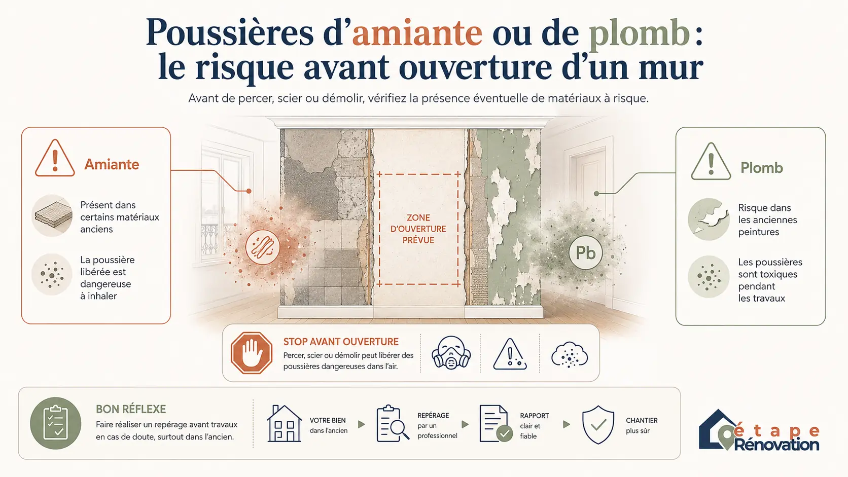 Schéma montrant le risque de poussières d’amiante ou de plomb avant ouverture d’un mur