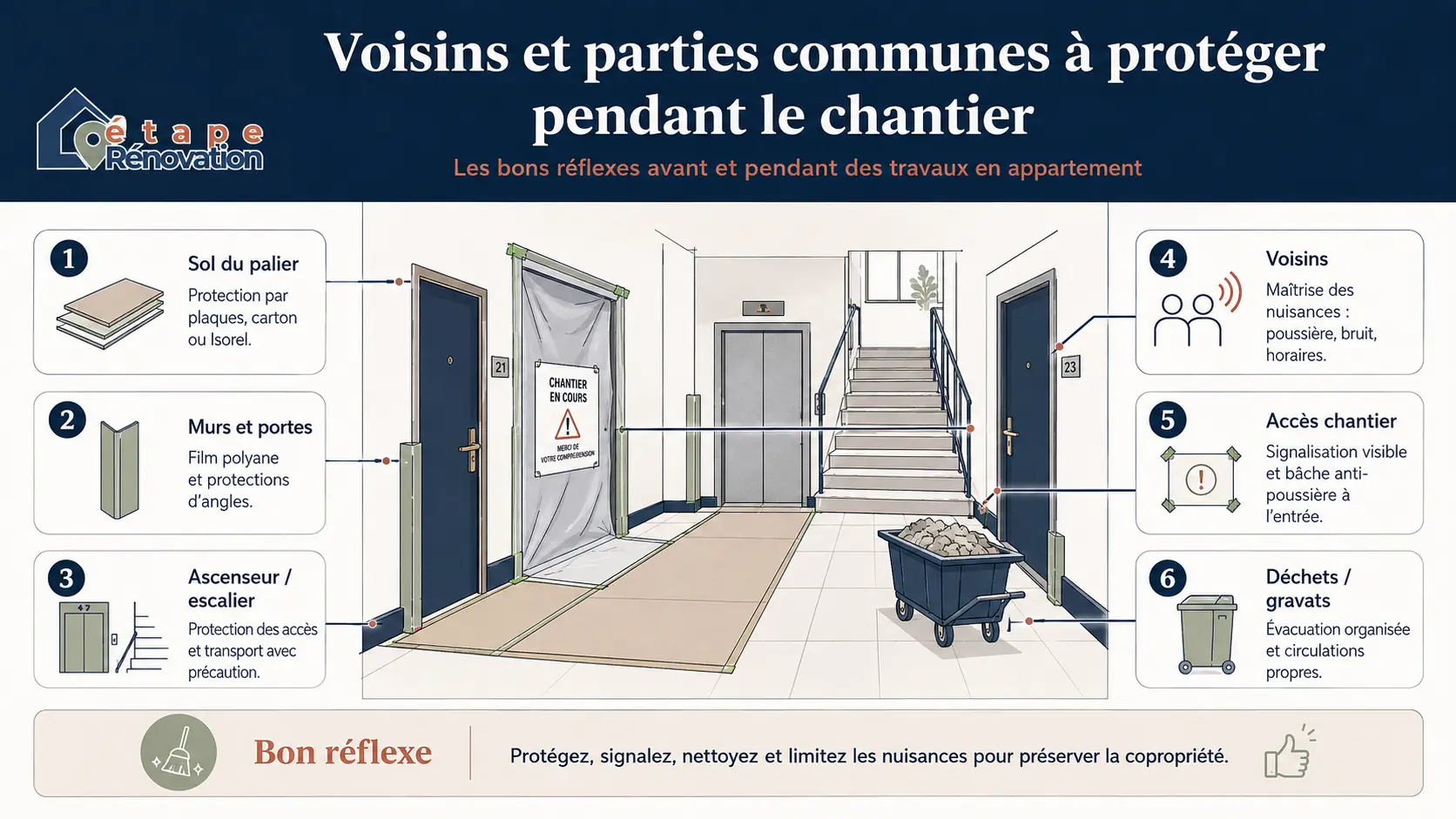 Schéma montrant les voisins et les parties communes à protéger pendant le chantier