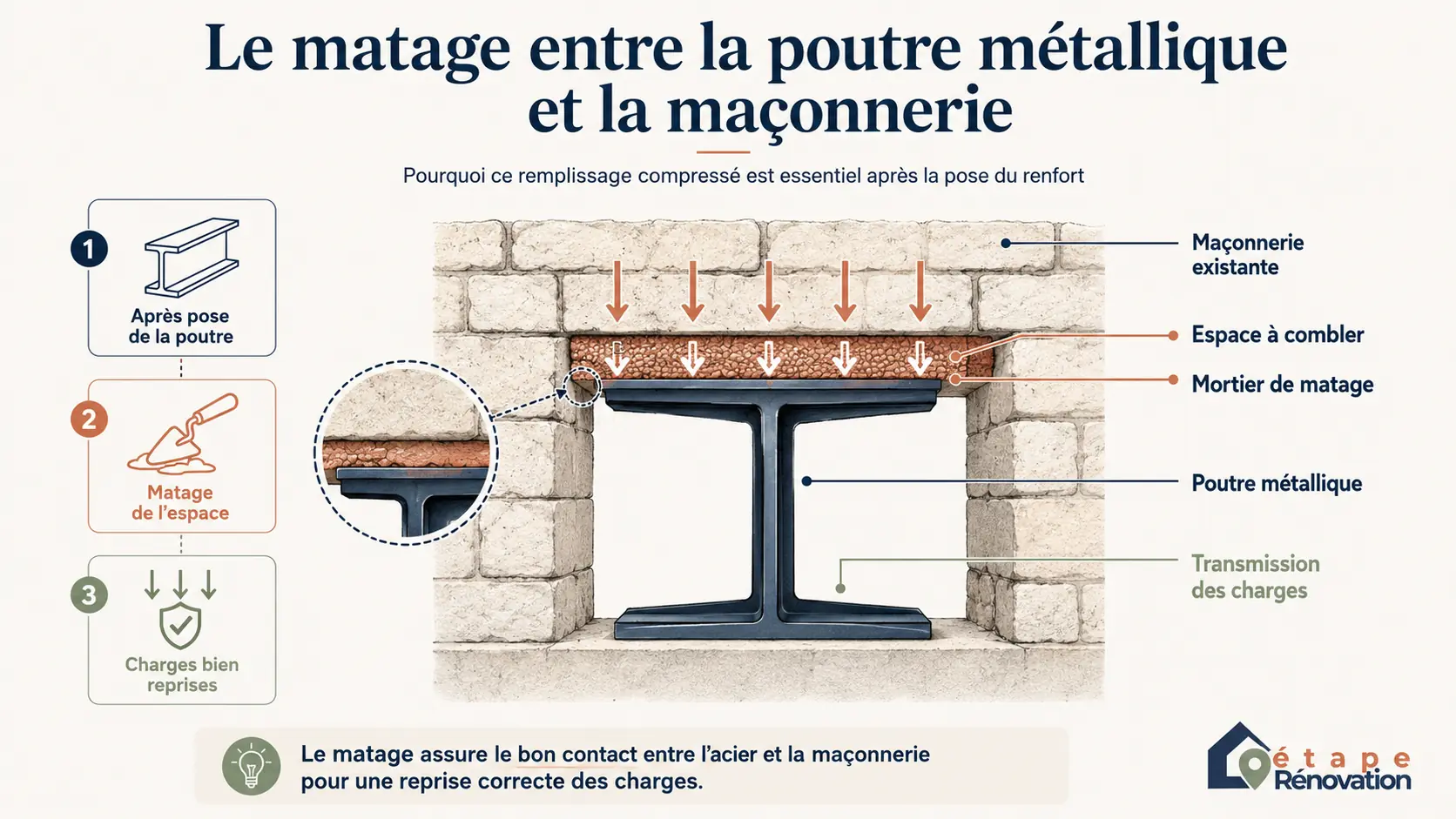 Schéma montrant le matage entre une poutre métallique et la maçonnerie