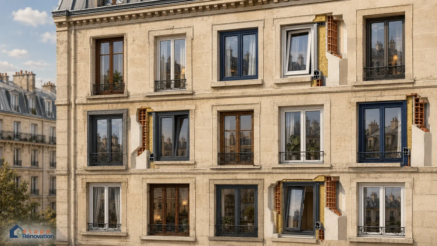 Façade d’immeuble avec fenêtres différentes montrant une rupture d’harmonie en copropriété