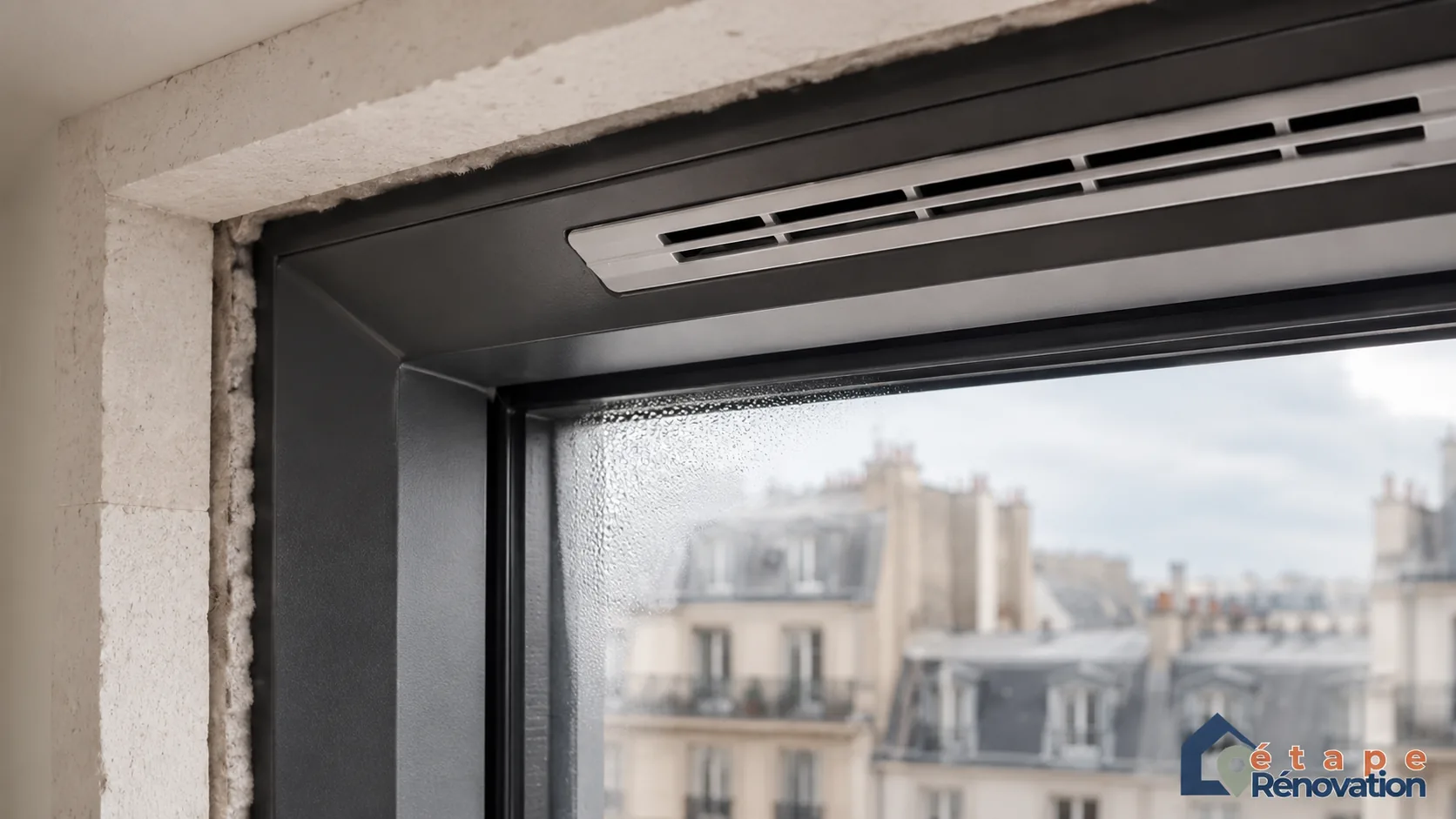 Fenêtre récente avec buée légère et grille de ventilation à contrôler après remplacement des menuiseries