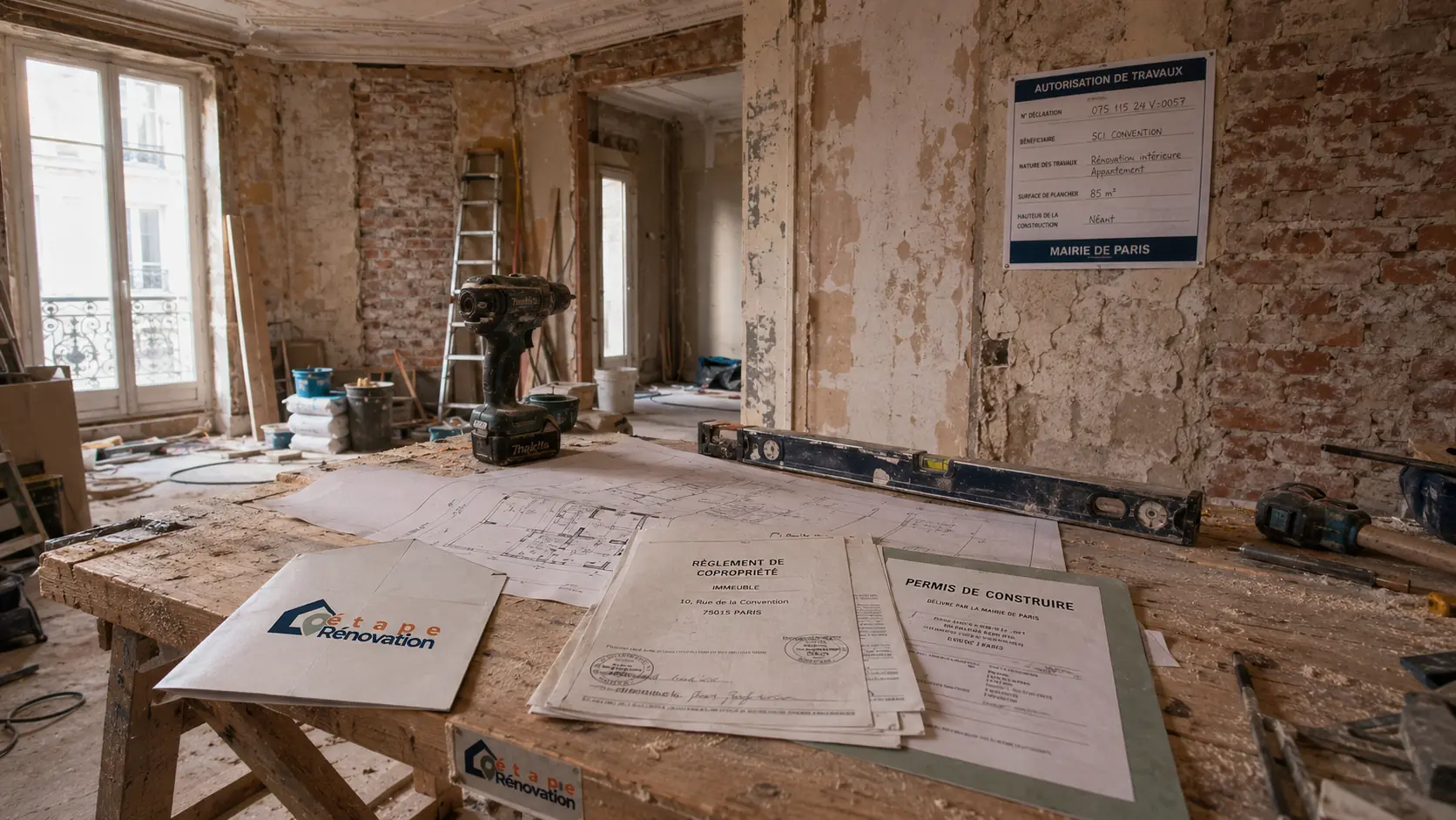 Appartement en rénovation avec documents de copropriété, plan de travaux et repères d’autorisation