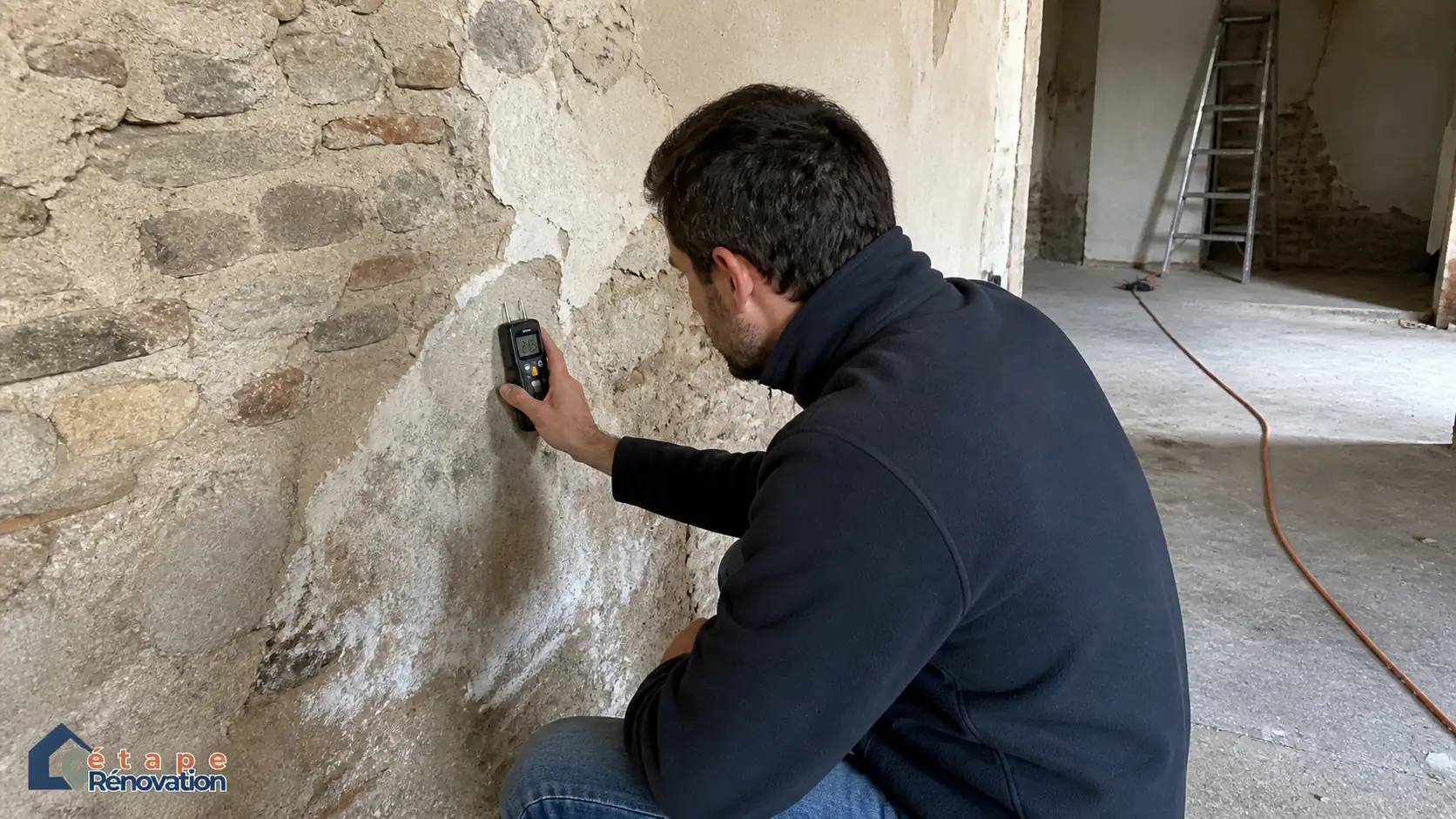 Photographie réaliste d'un expert ou maître d'œuvre testant l'humidité d'un mur en pierre dans une maison ancienne avec un appareil de mesure.