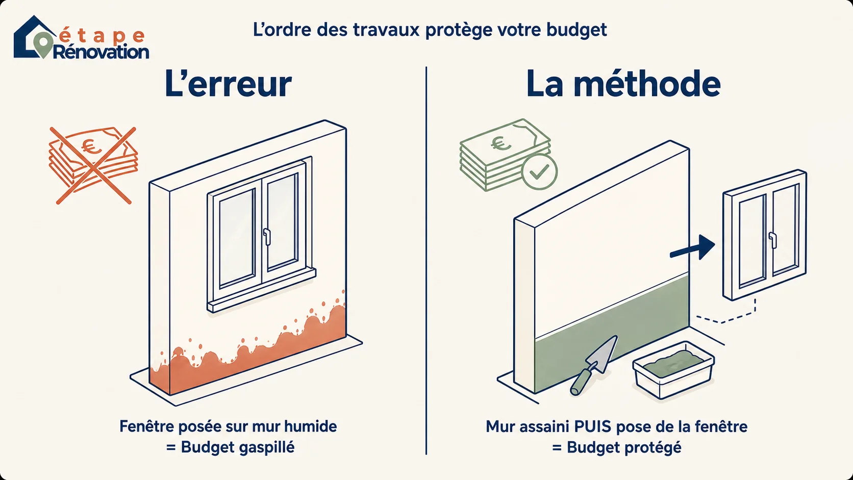 Schéma comparatif : à gauche, le risque de perte financière en posant des fenêtres sur un mur humide ; à droite, la protection du budget en traitant l'humidité avant les finitions.