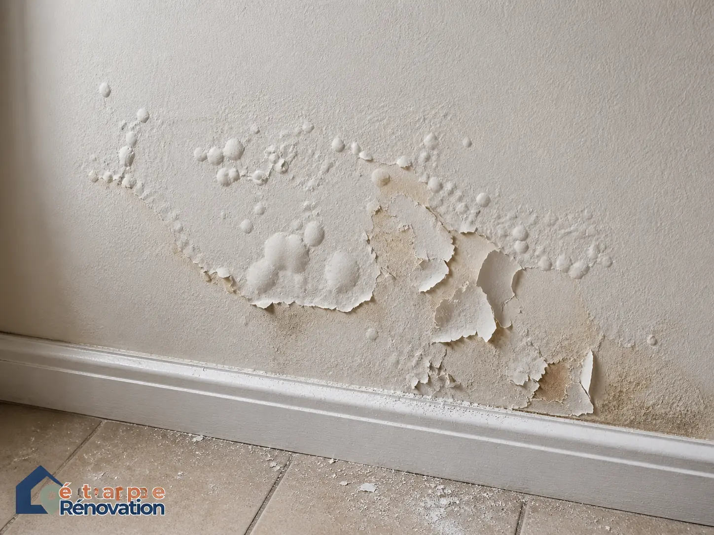 Peinture qui cloque sur un mur humide avant rénovation