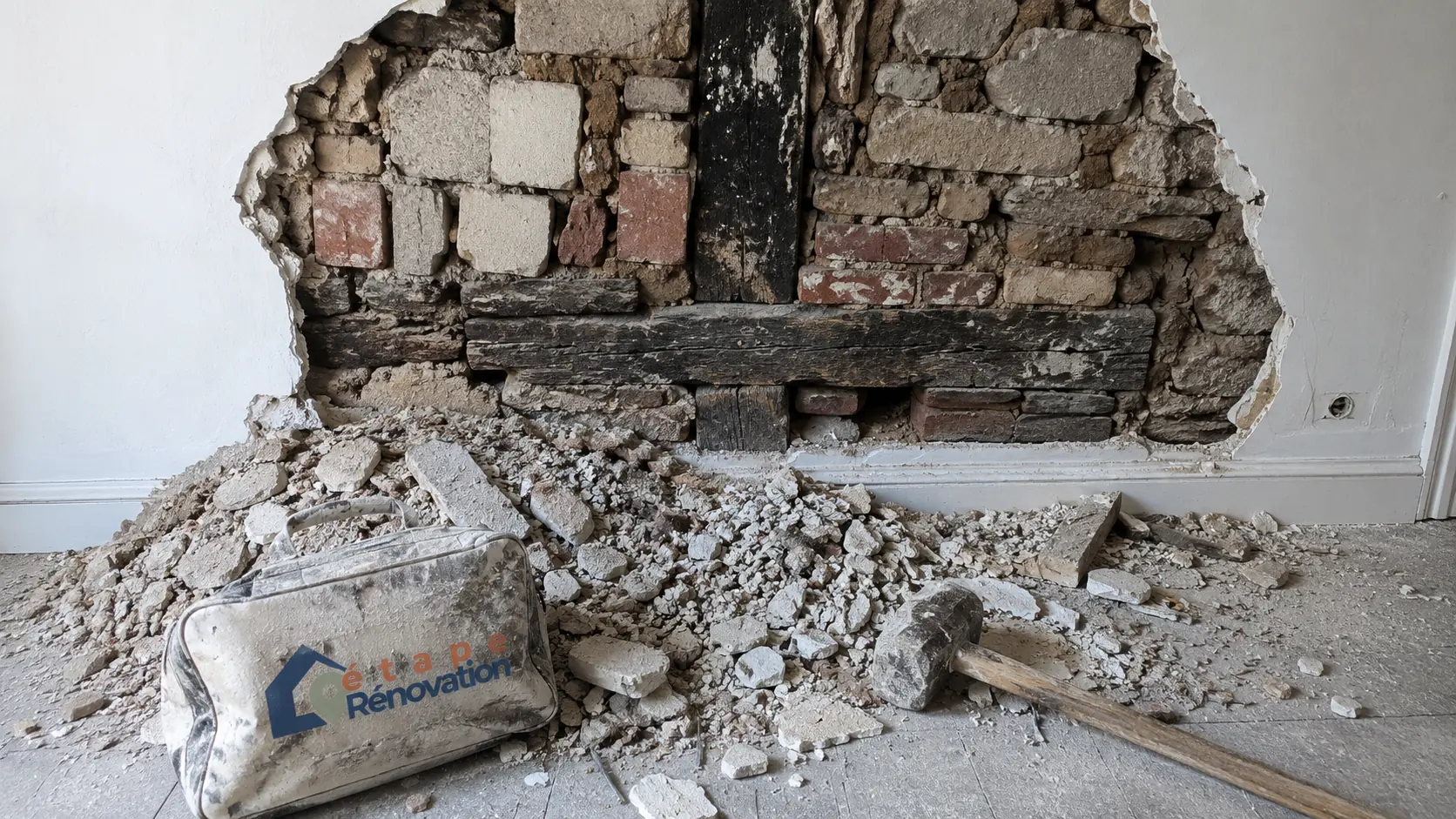 Mur partiellement ouvert dans un appartement ancien avec doute sur la structure et chantier interrompu