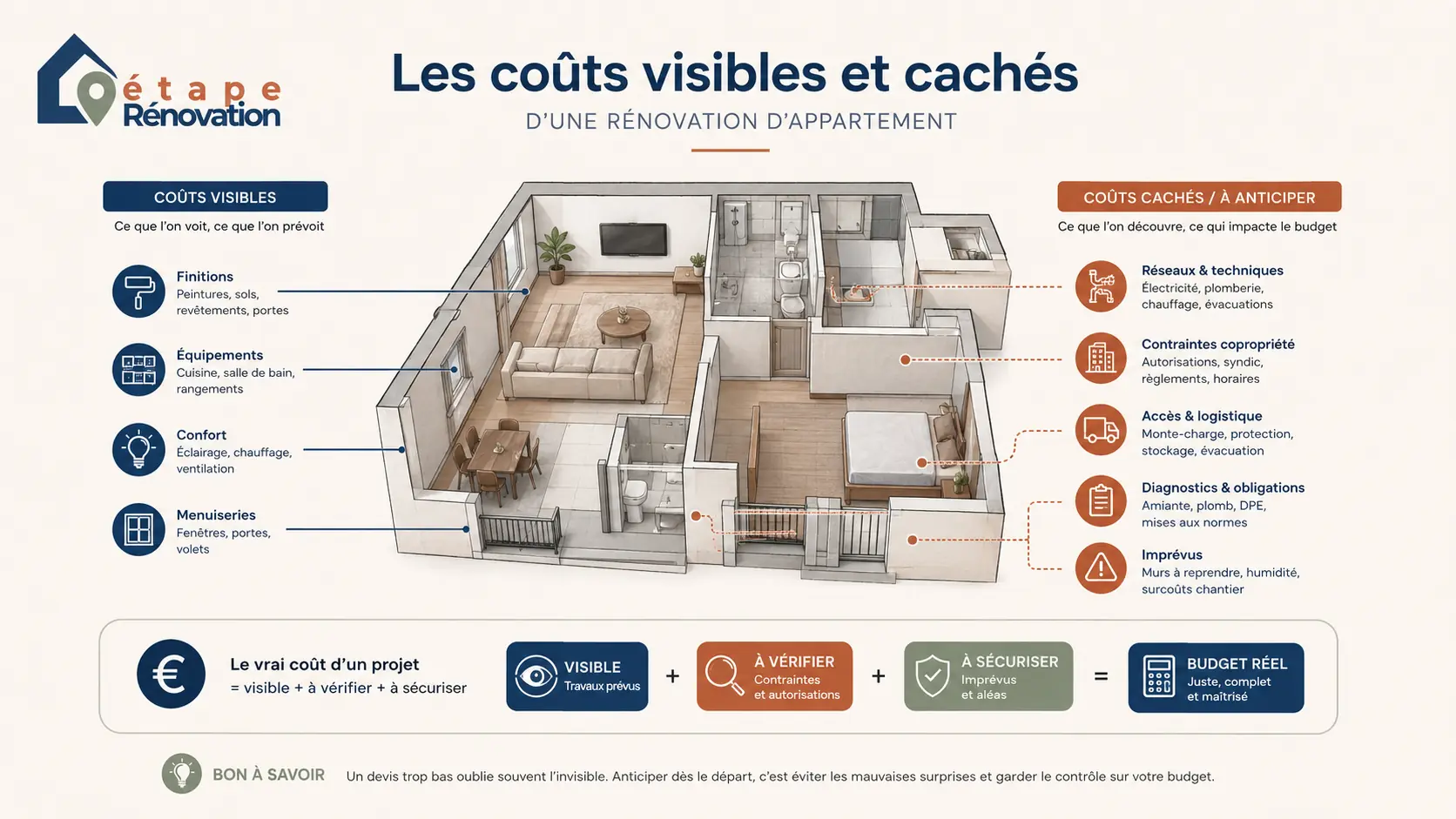 Schéma des coûts visibles et cachés d’une rénovation d’appartement