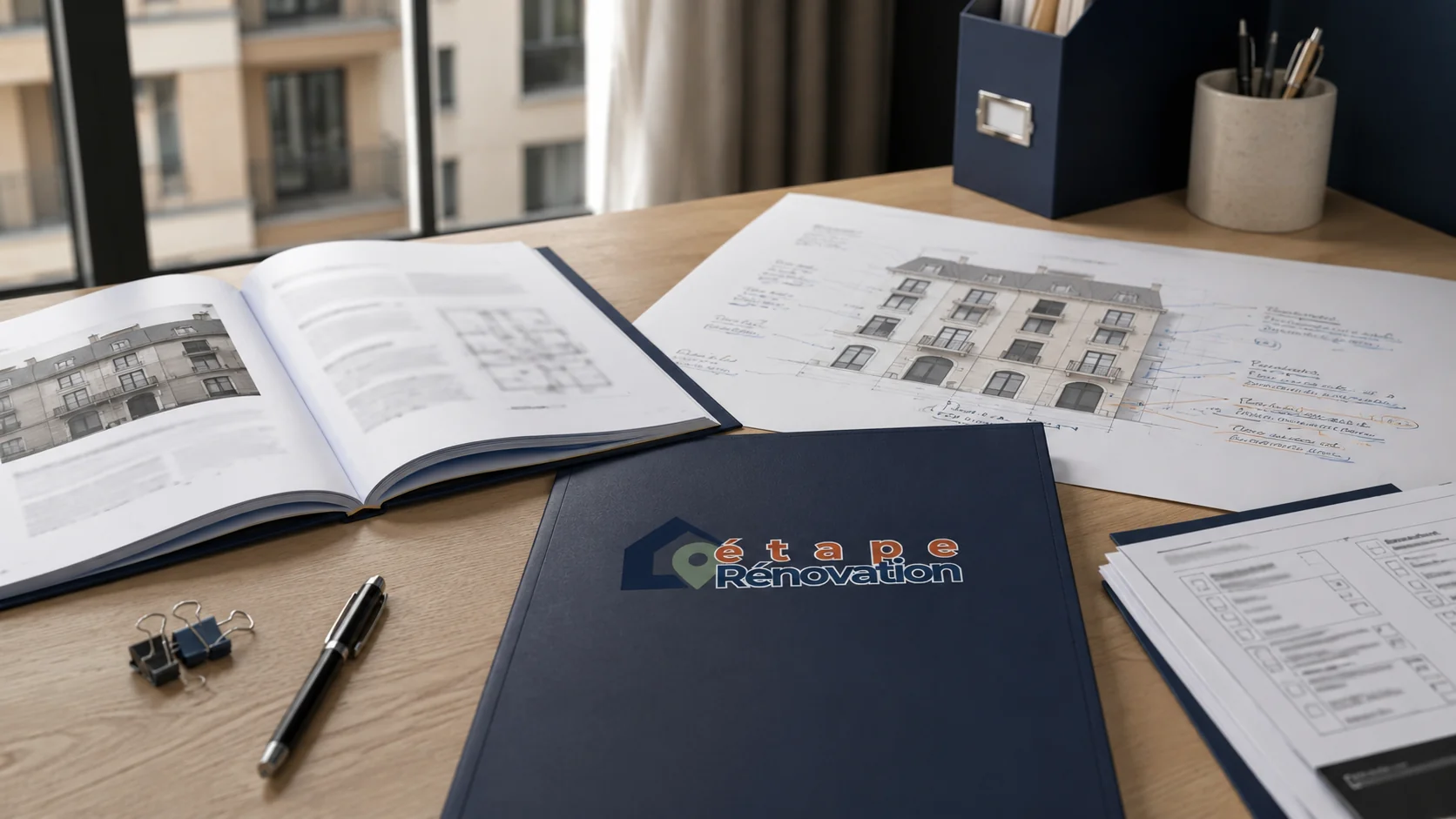 Photo utile d’un règlement de copropriété ou d’un dossier technique avec plan de façade et annotations