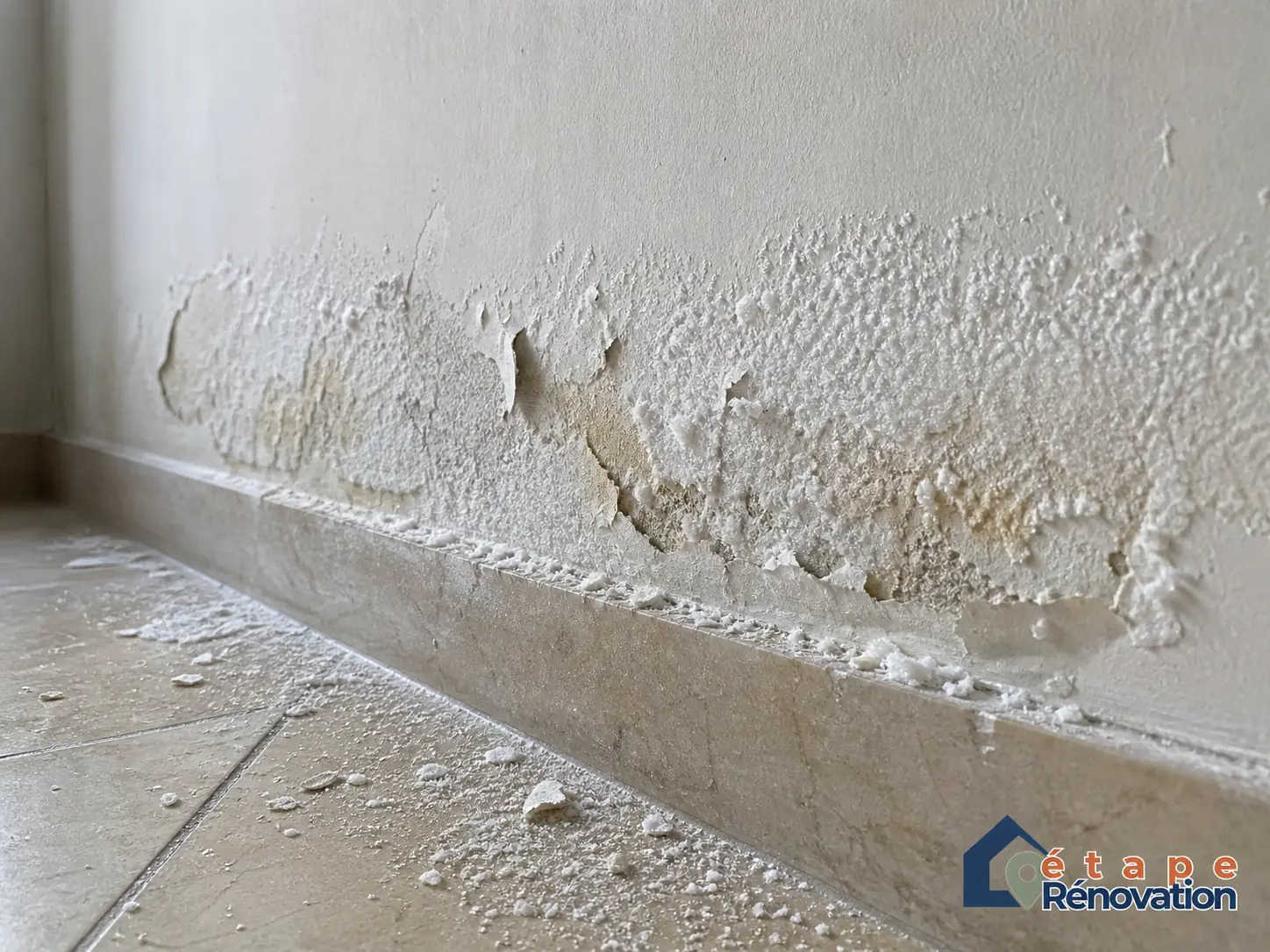 Traces blanches de sels sur un bas de mur humide