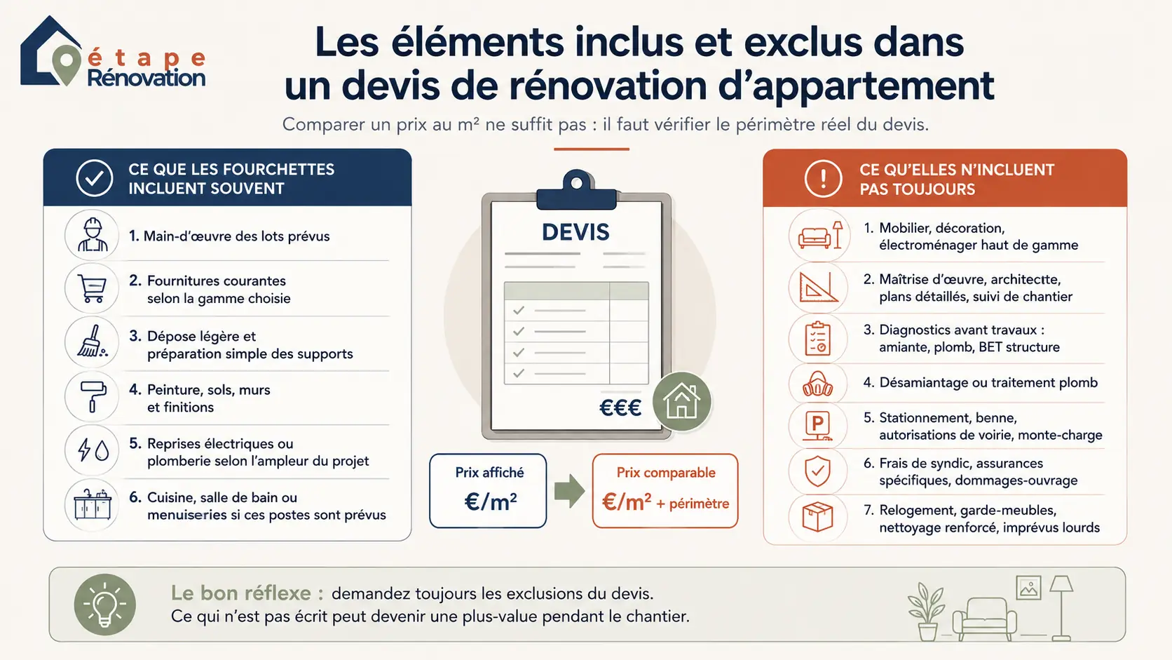 Schéma montrant les éléments inclus et exclus dans un devis de rénovation d’appartement