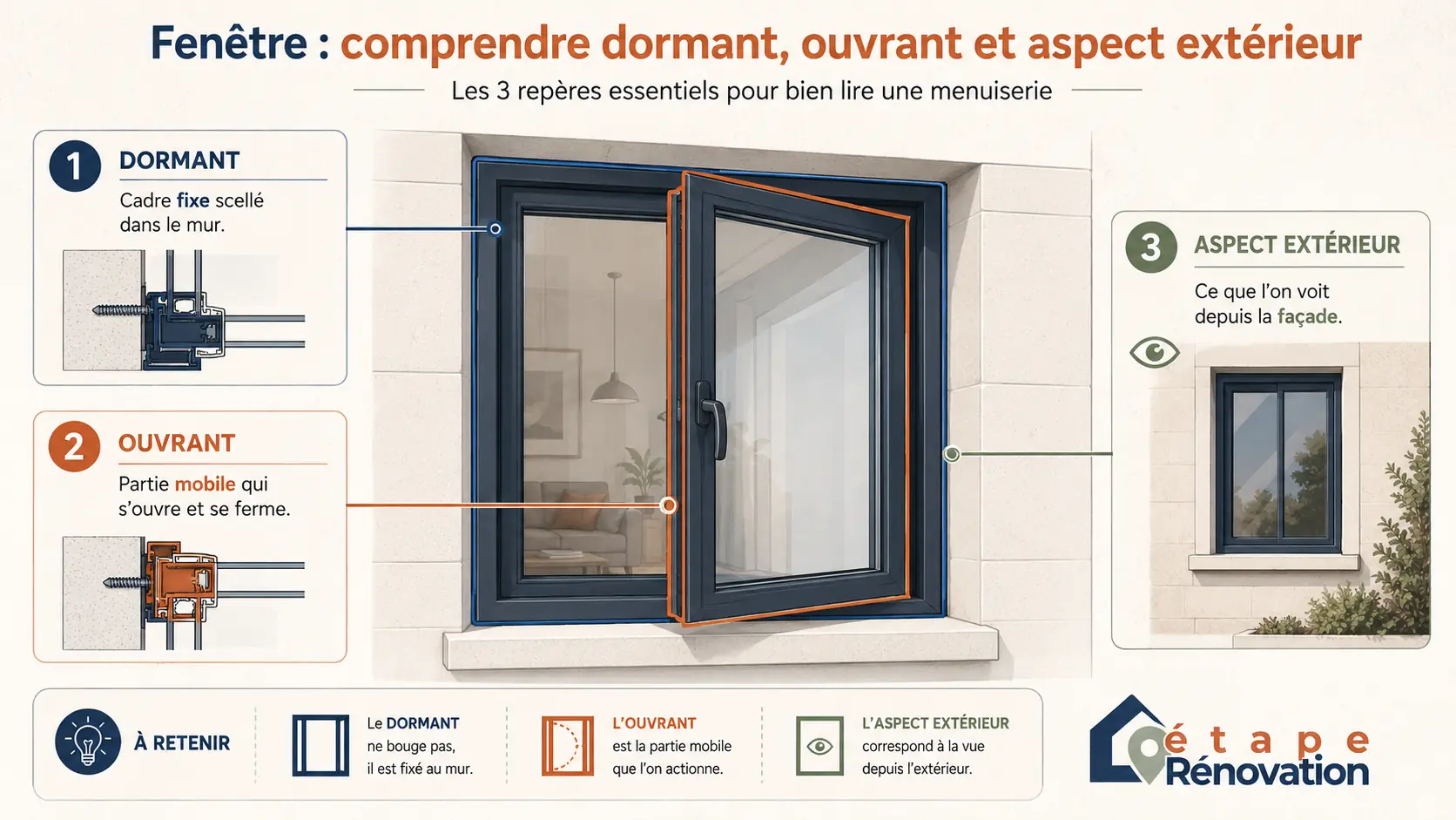 Schéma utile montrant la différence entre dormant, ouvrant et aspect extérieur d'une fenêtre