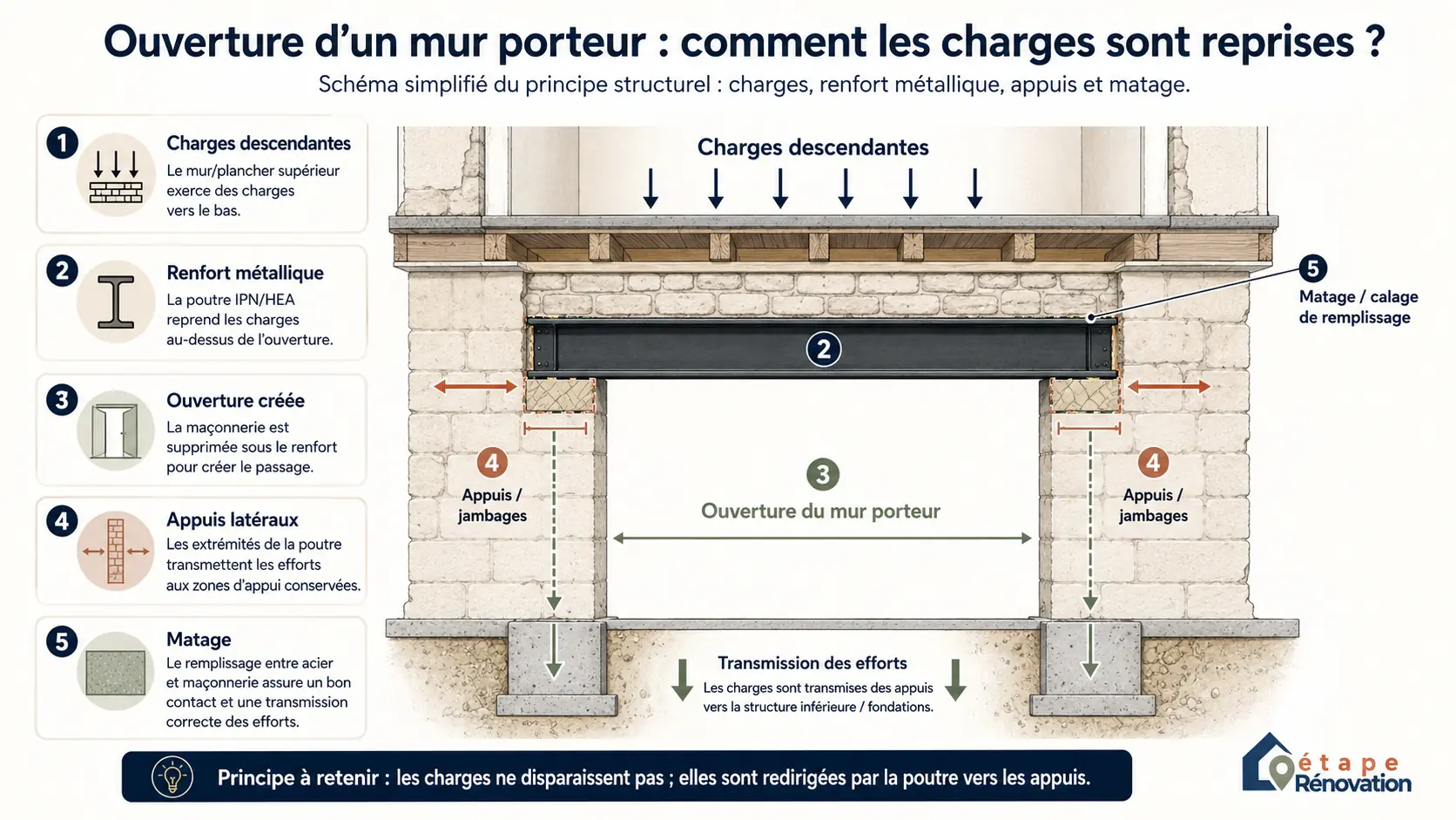 Schéma explicatif montrant les charges, l’ouverture du mur porteur, le renfort métallique, les appuis et le matage