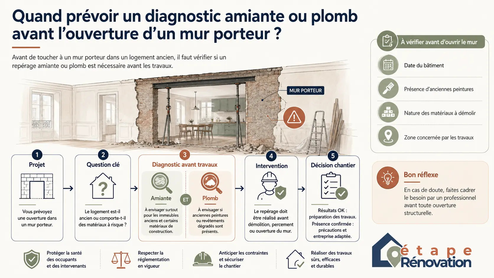 Schéma expliquant quand prévoir un diagnostic amiante ou plomb avant ouverture d’un mur porteur