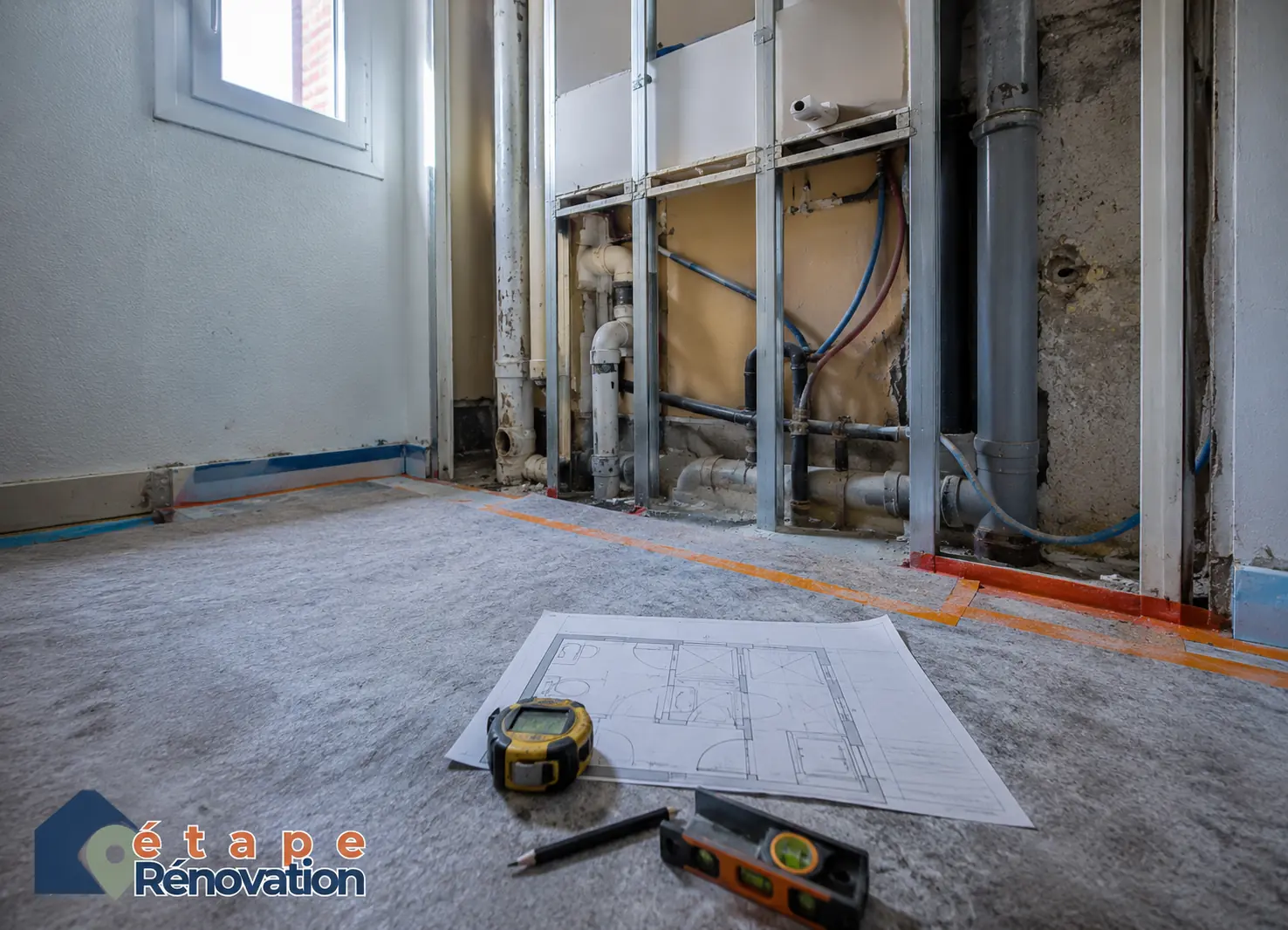 Salle de bain d’appartement en rénovation avec évacuations, arrivées d’eau et gaine technique à vérifier en copropriété