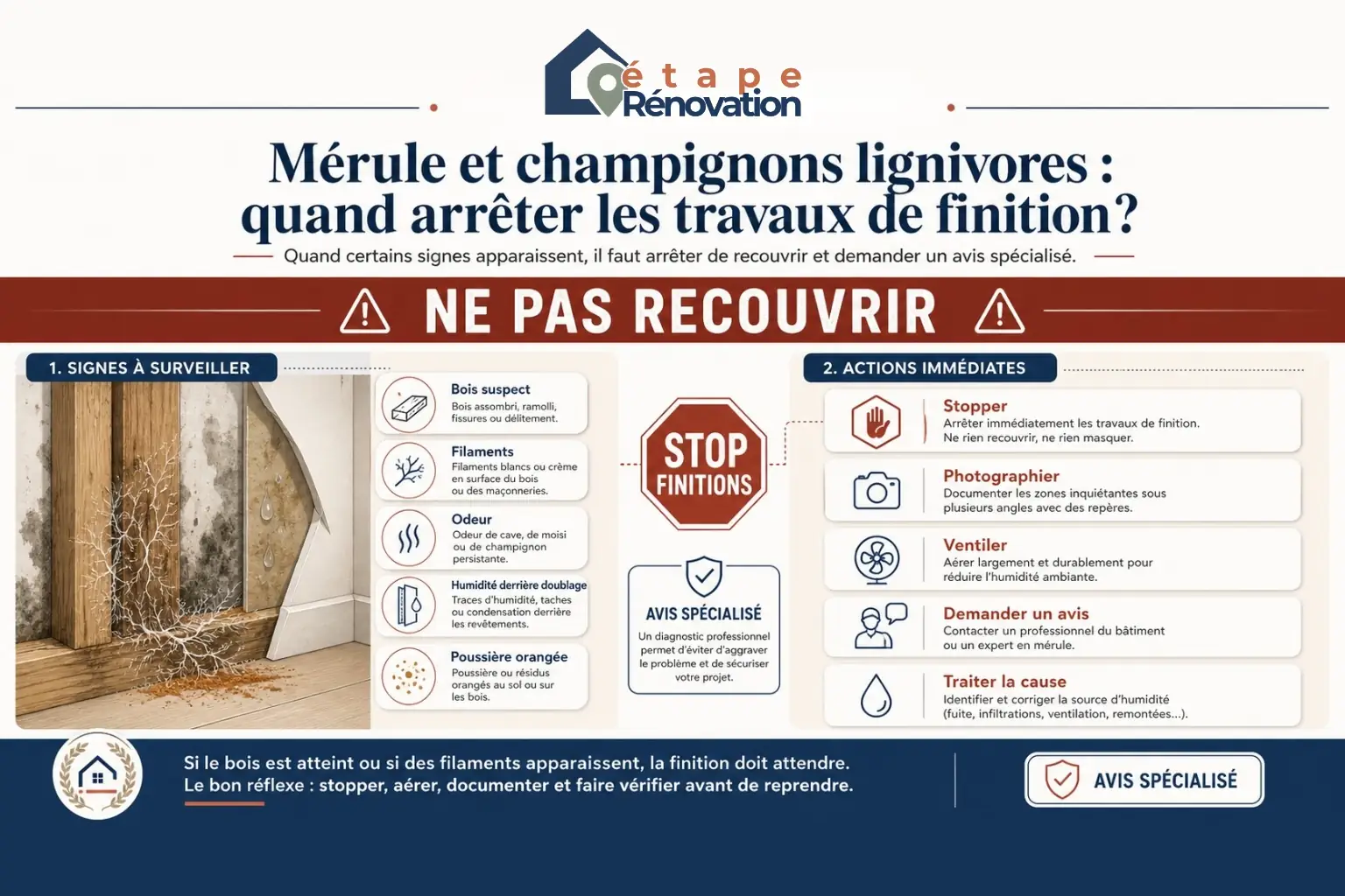 Fiche d'alerte indiquant quand arrêter les travaux en cas de suspicion de mérule ou de champignon lignivore