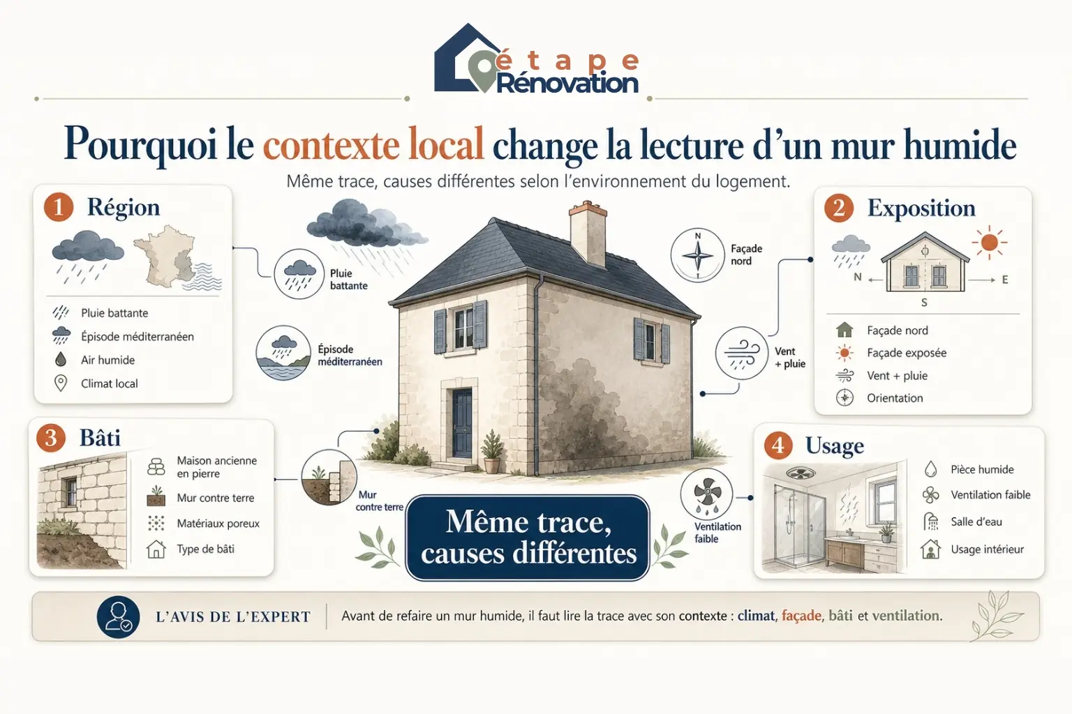Schéma montrant comment la région, l'exposition, le bâti et l'usage influencent le diagnostic d'un mur humide