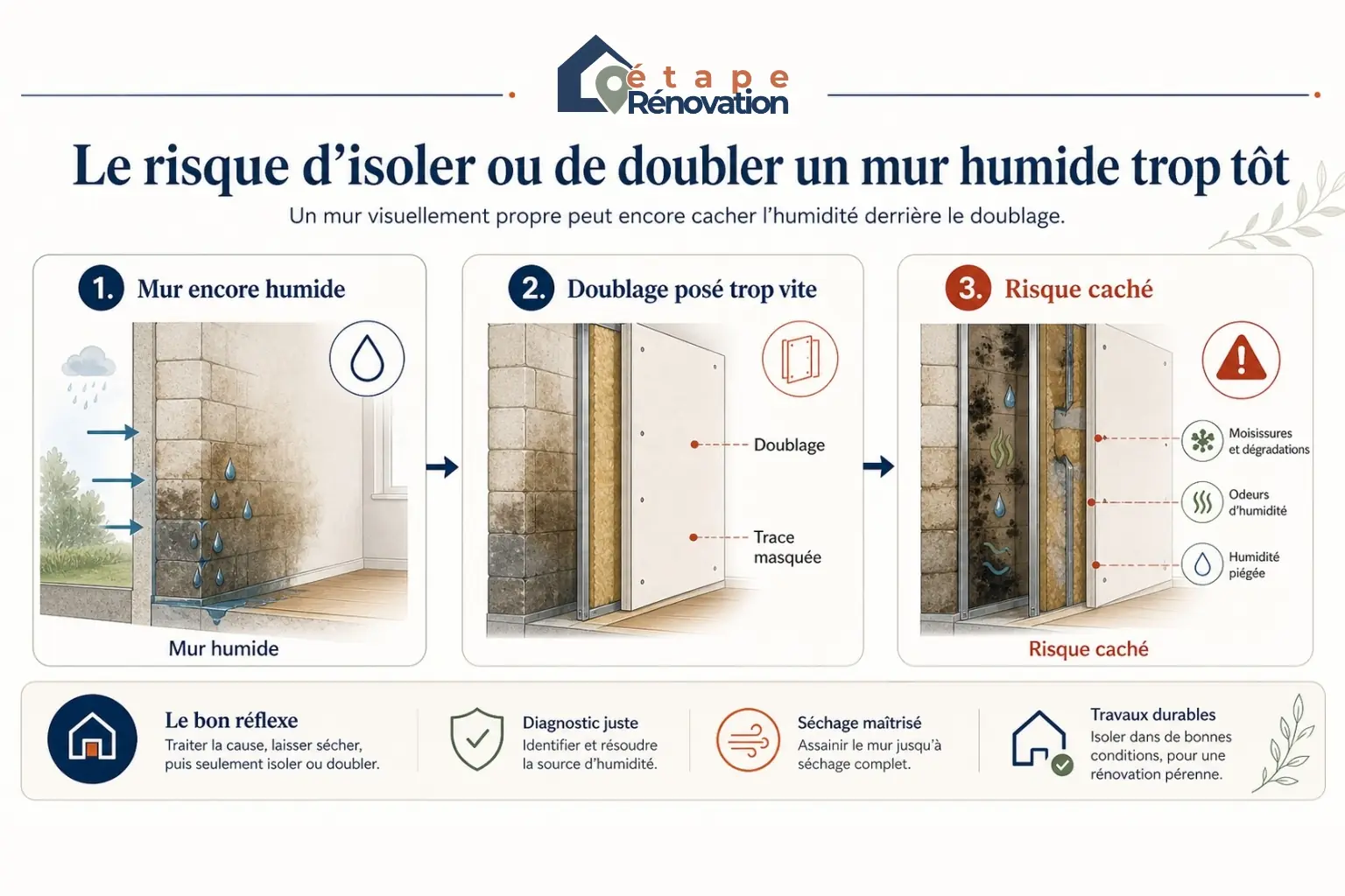 Coupe de mur montrant le risque de cacher une humidité active derrière un doublage ou une isolation intérieure