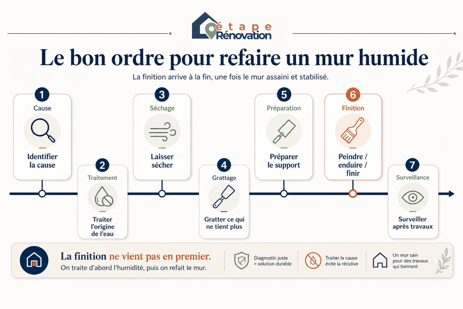 Frise pédagogique montrant le bon ordre pour refaire un mur humide de l'identification de la cause à la surveillance