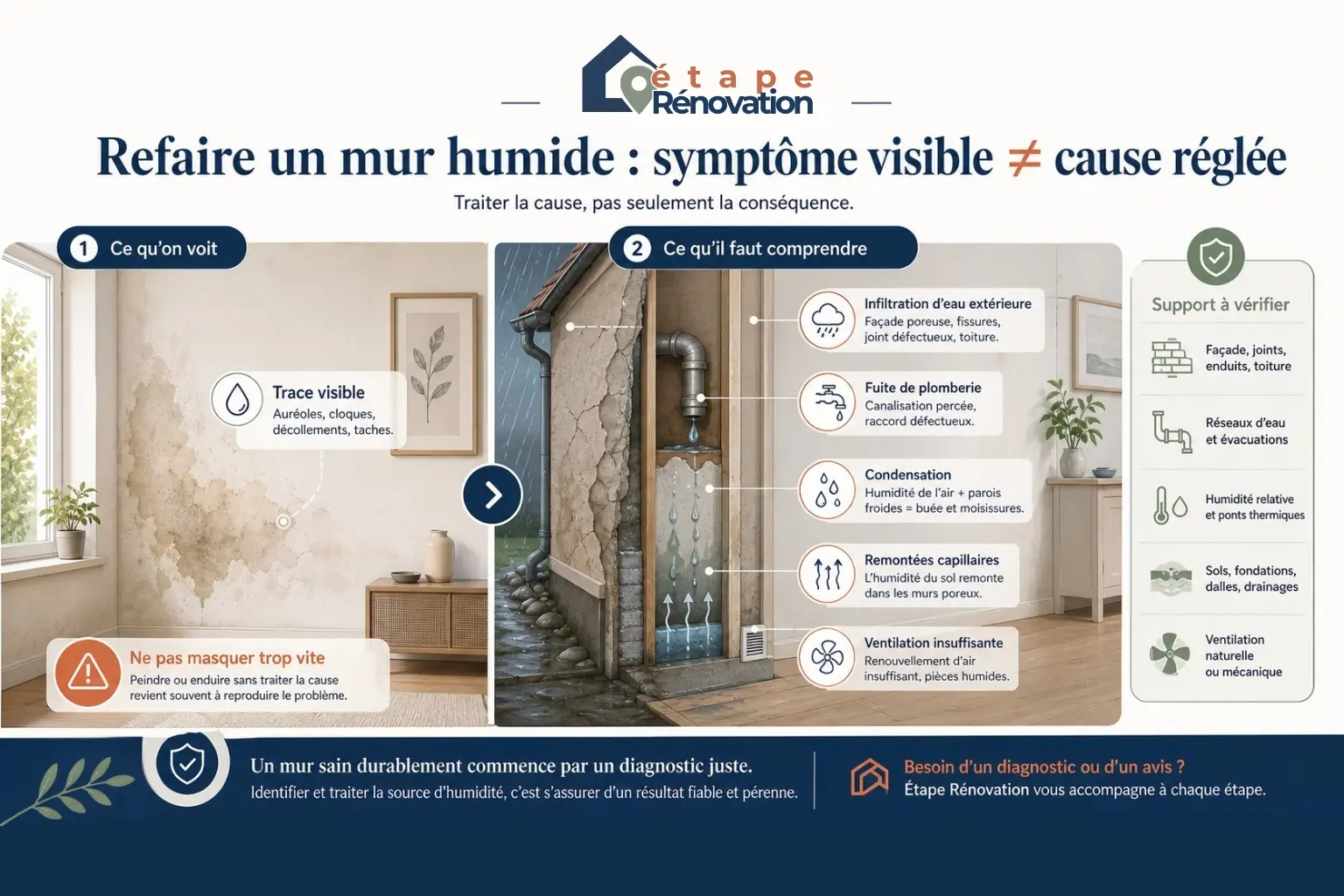 Schéma éditorial montrant qu'une trace d'humidité visible sur un mur peut cacher plusieurs causes possibles