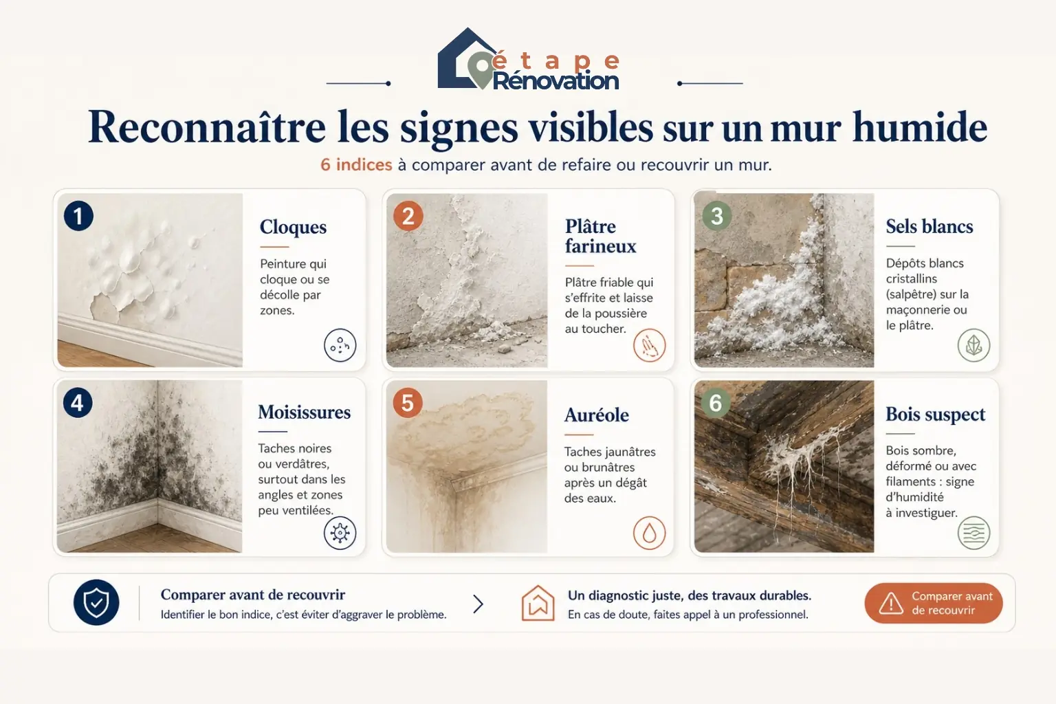 Planche comparative des signes visibles sur un mur humide avec cloques, sels blancs, moisissures et auréoles