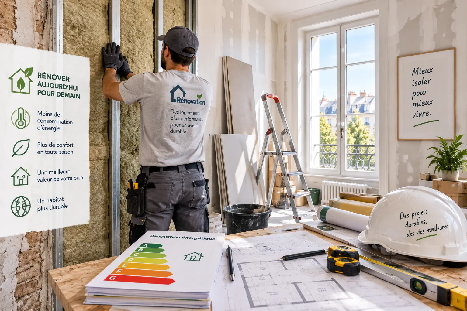 Artisan préparant des travaux de rénovation énergétique dans un logement