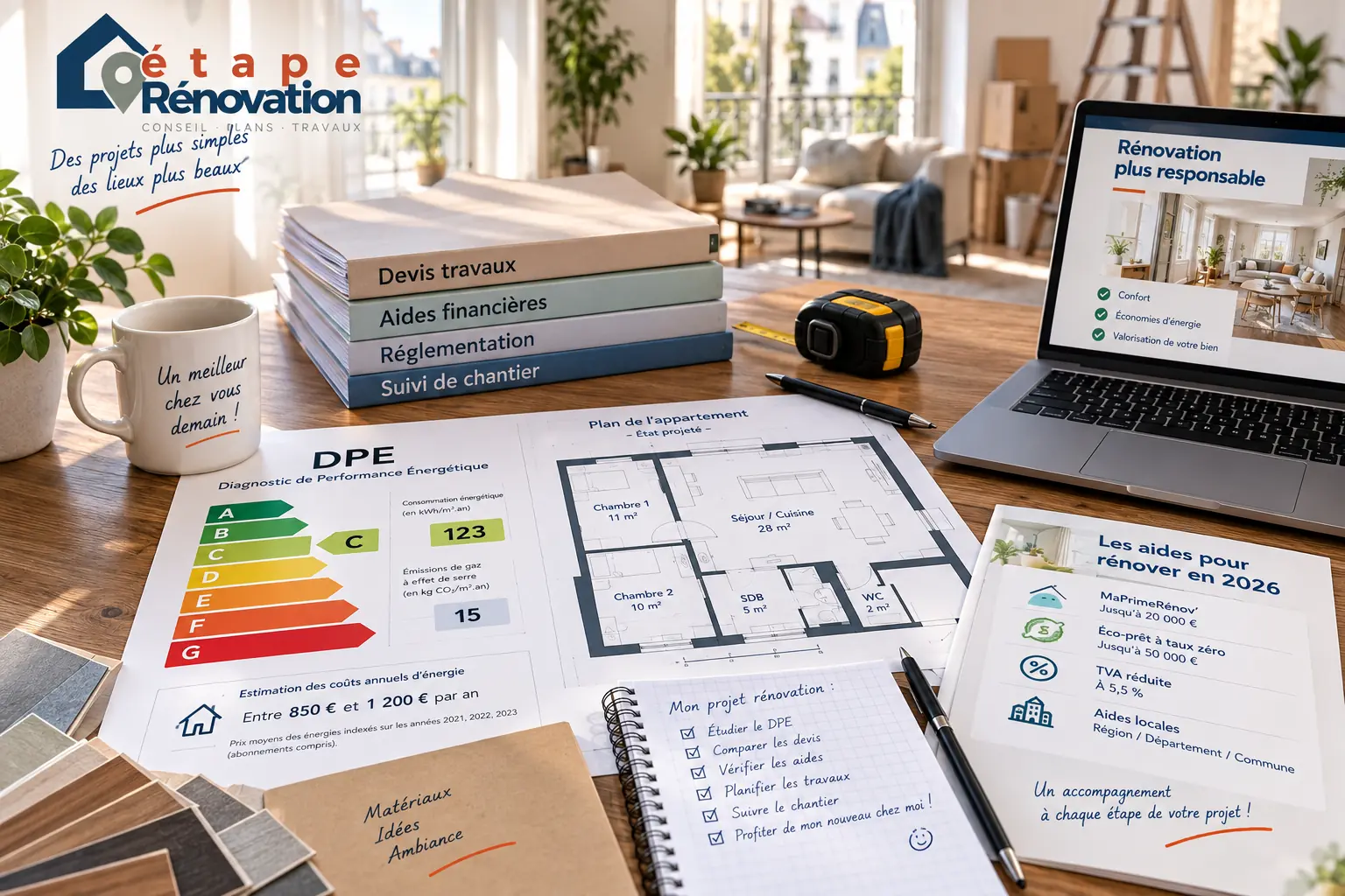 Diagnostic énergétique et documents de rénovation posés sur une table