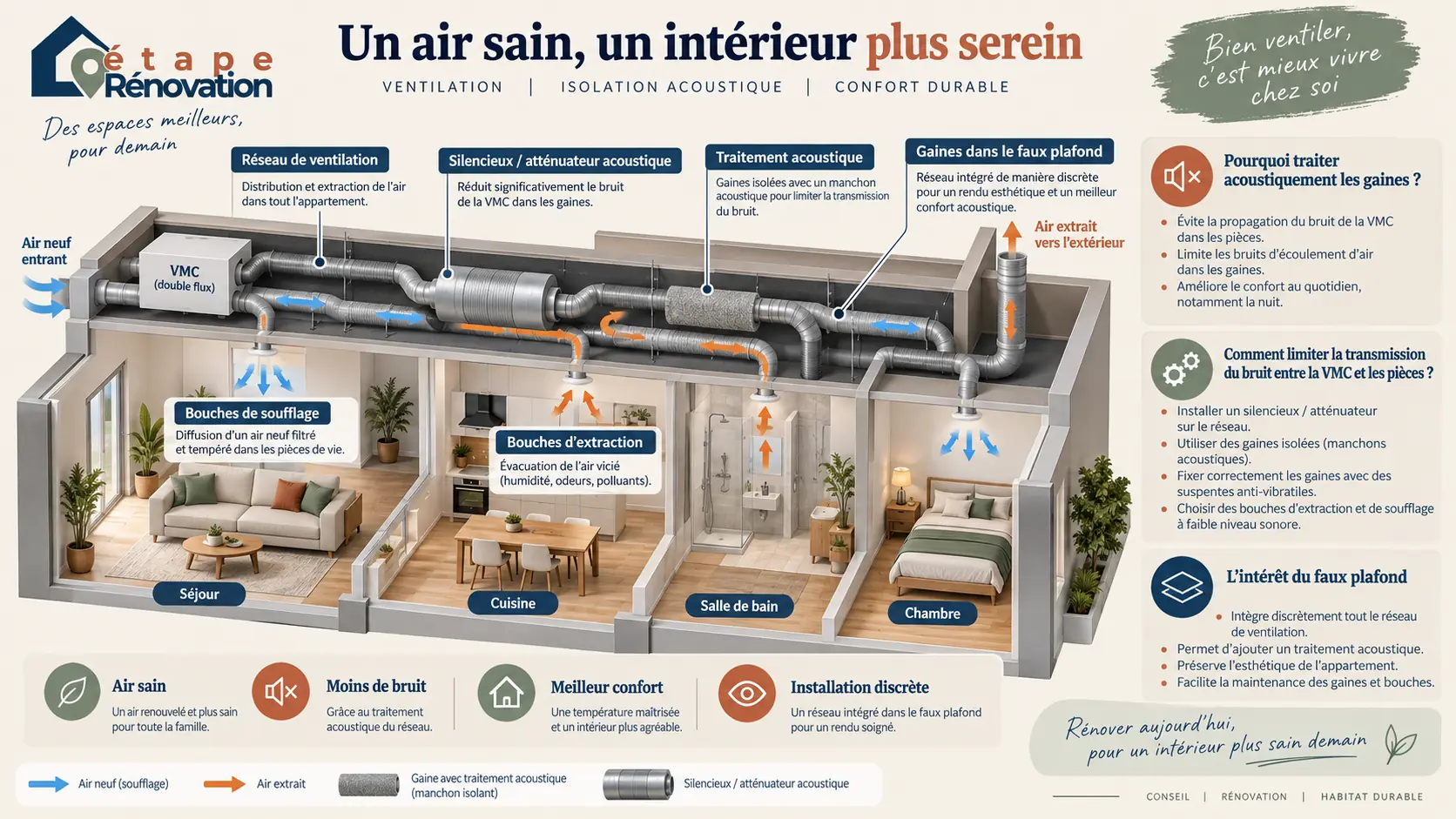Réseau de ventilation avec gaines et traitement acoustique dans un appartement